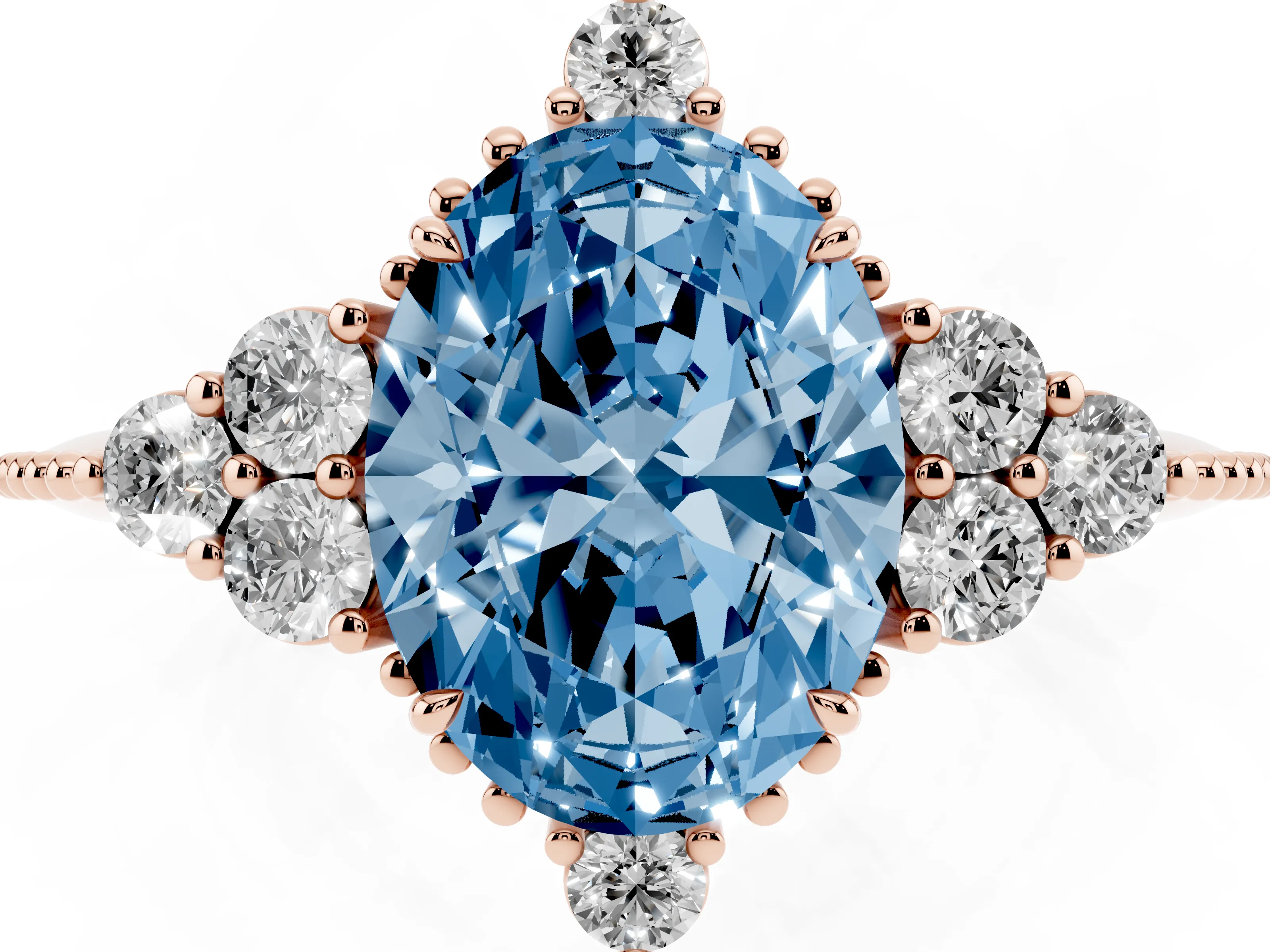 Fancy Blue Oval Cut Diamond Cluster Ring Set in Rose gold with Beaded Band