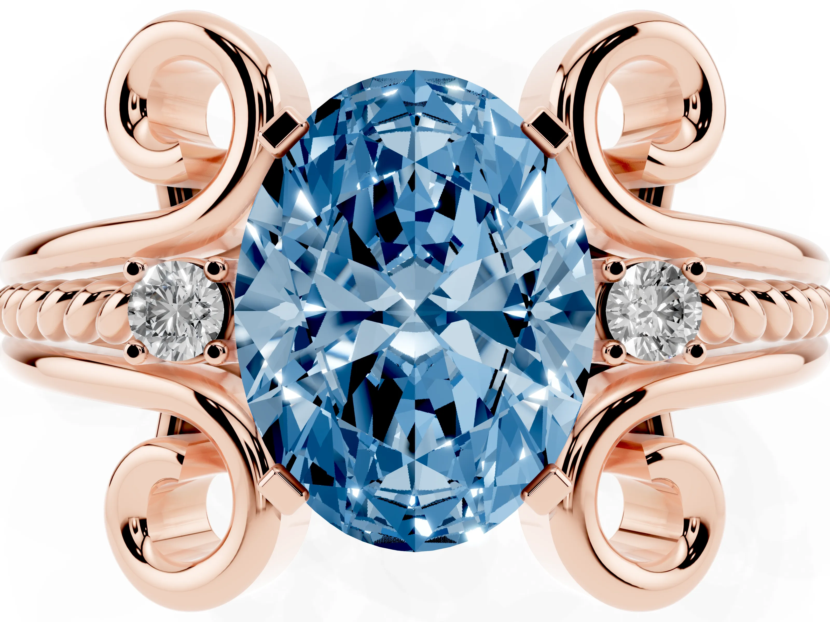 Fancy Blue Oval Cut Diamond Twisted Band Solitaire Ring Set in Rose gold with Scroll Prongs