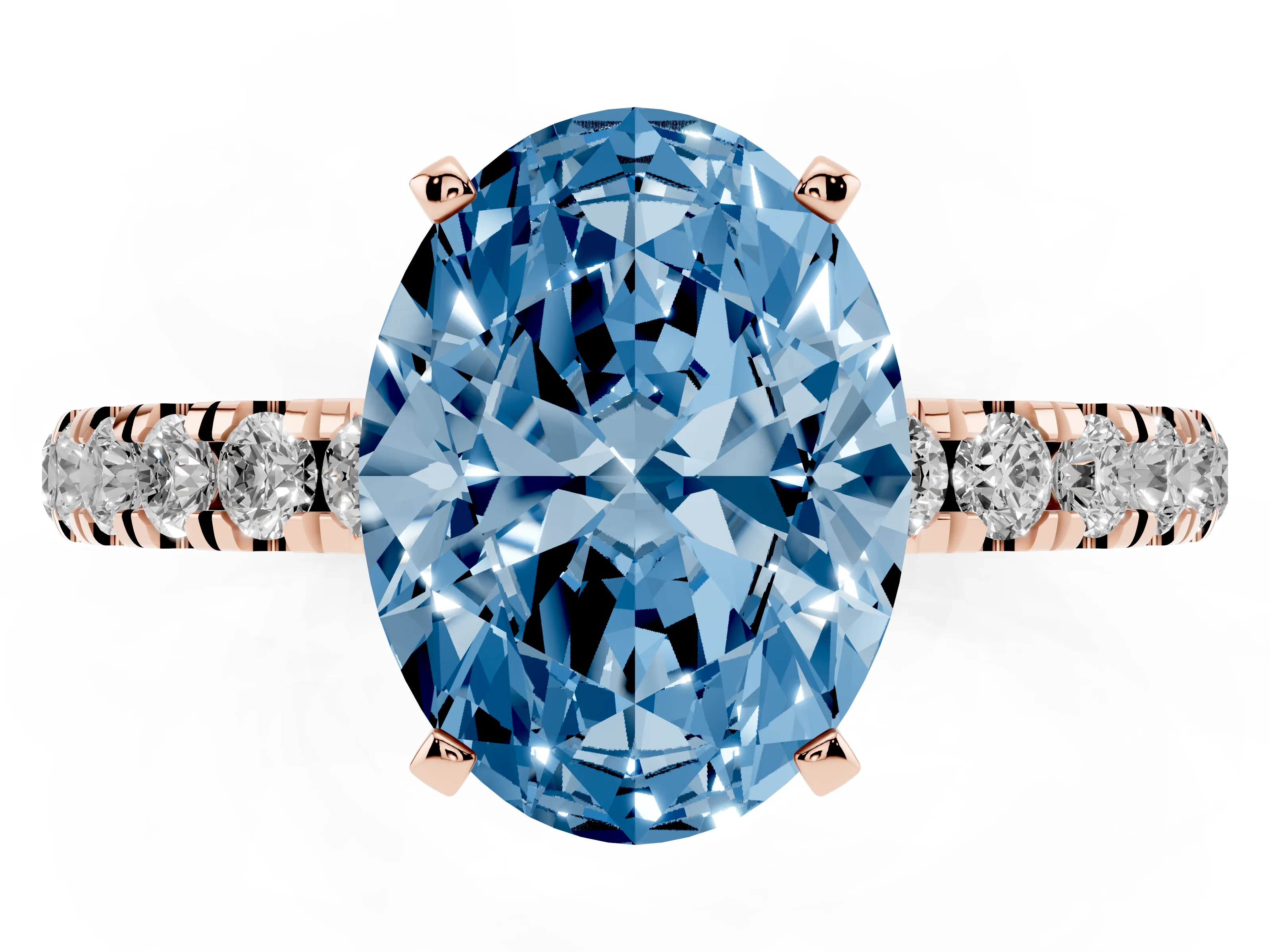 Fancy Blue Oval Cut Diamond Solitaire Ring Set in Rose gold with Pavé Accents and Prong Setting