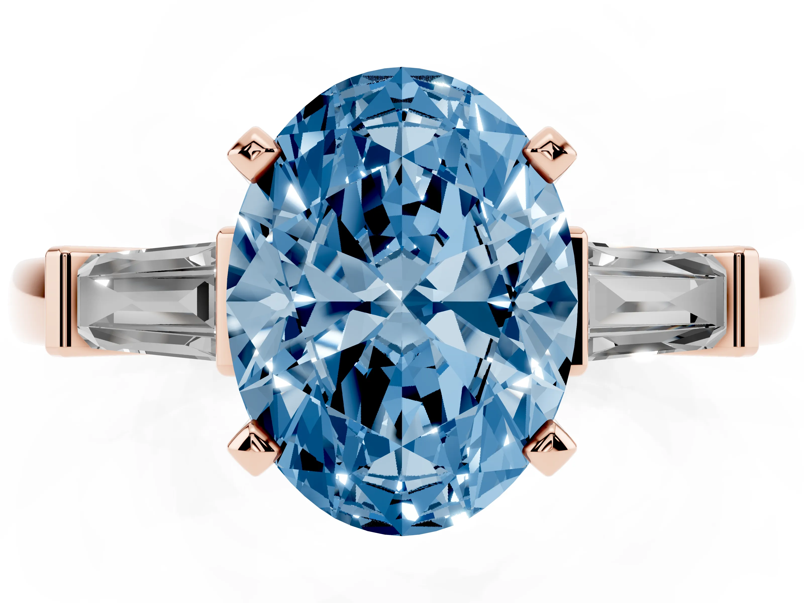 Fancy Blue Oval Cut Diamond Solitaire Ring Set in Rose gold with Tapered Baguette Accents and Prong Setting