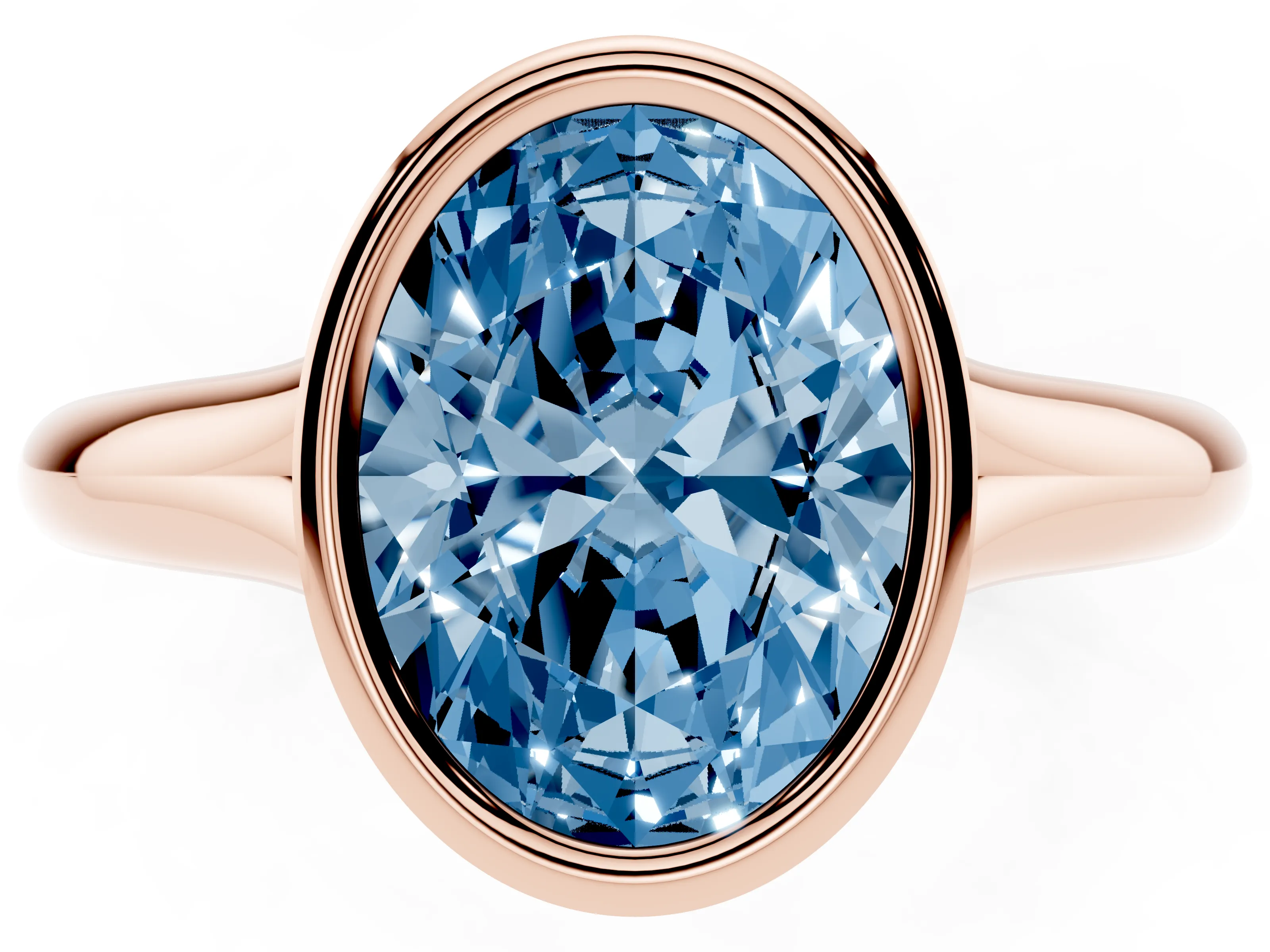 Fancy Blue Bezel Set Oval Cut Diamond Solitaire Ring Set in Rose gold with Smooth Band