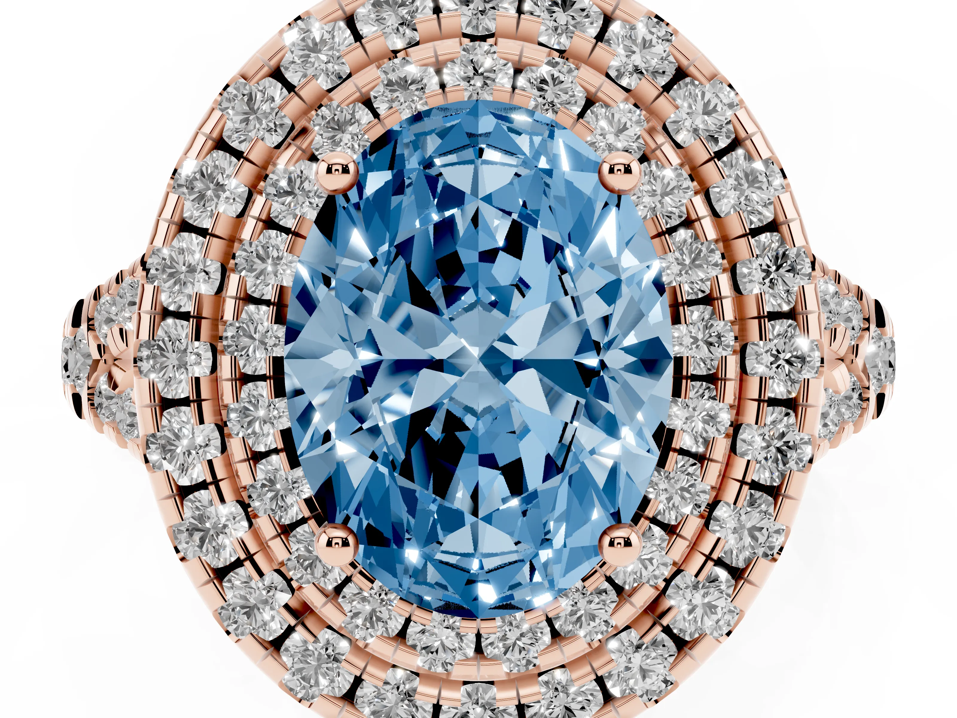 Fancy Blue Oval Cut Diamond Double Halo Ring Set in Rose gold with Pavé Split Shank and Prong Setting