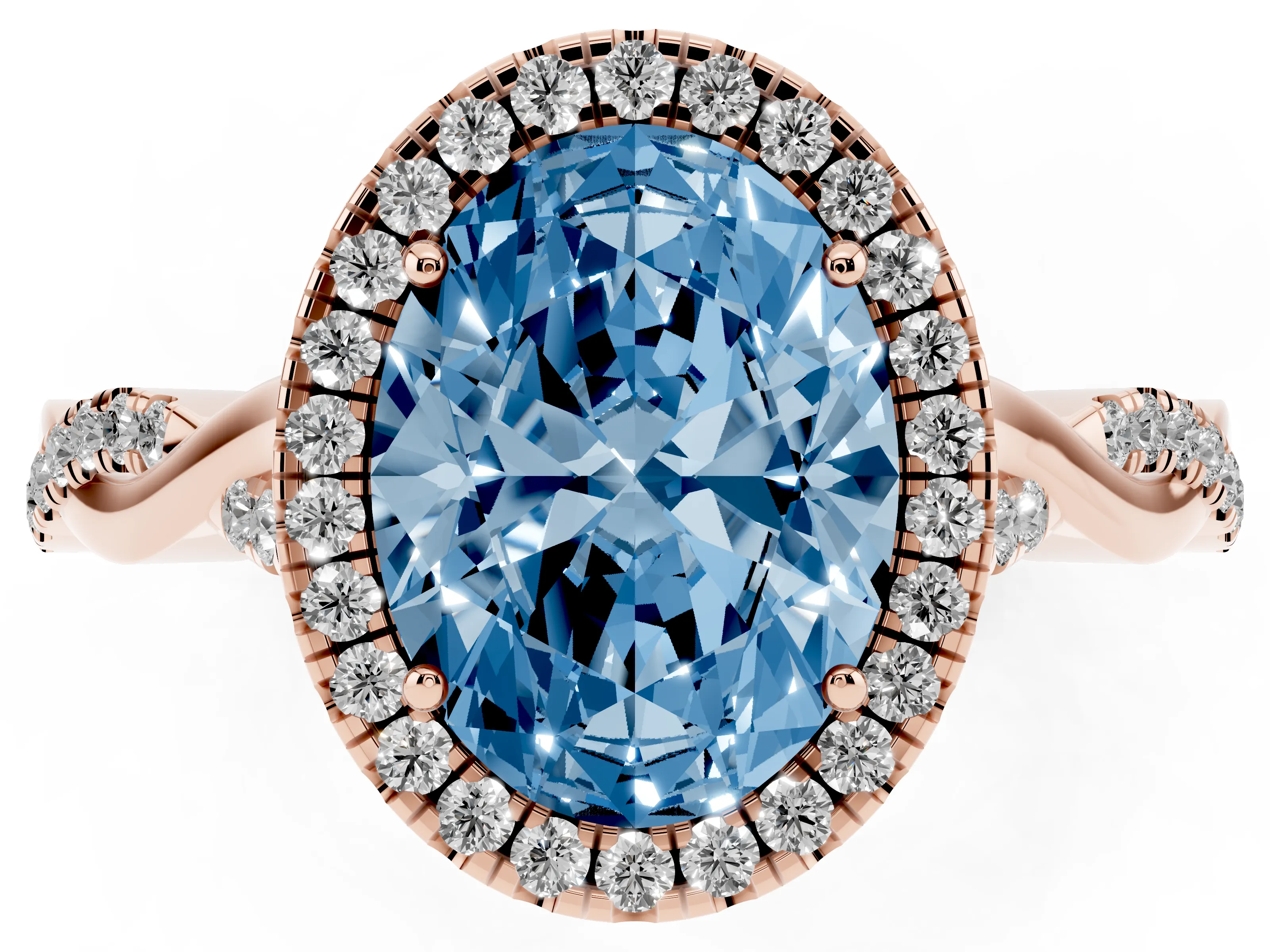 Fancy Blue Oval Cut Diamond Halo Twist Band Solitaire Ring Set in Rose gold with Prong Setting