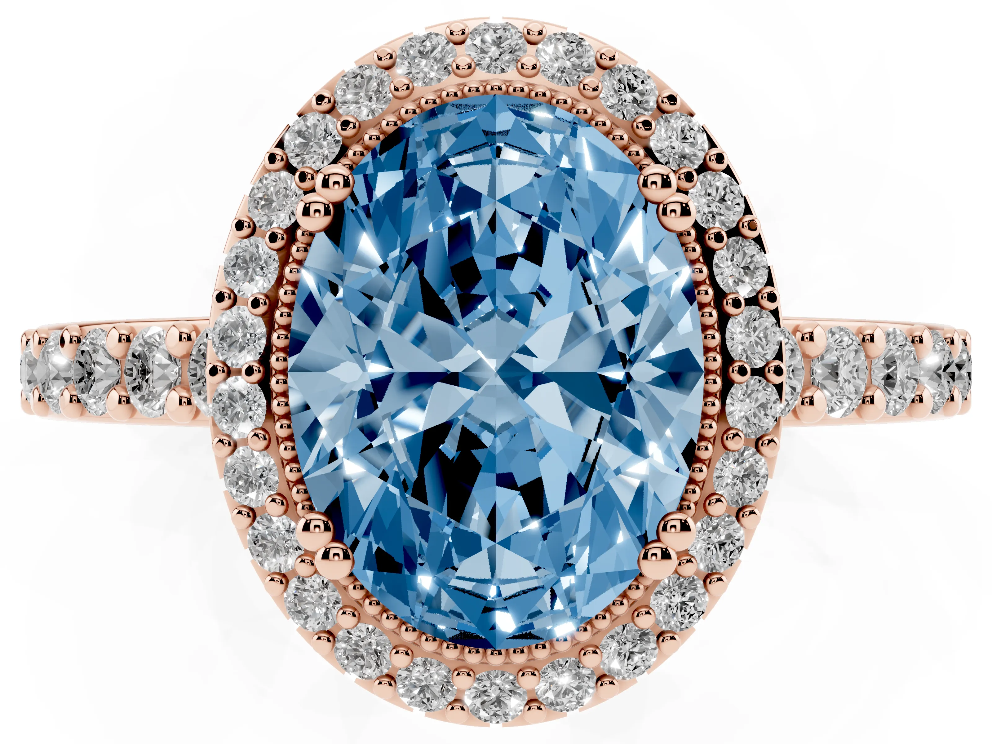 Fancy Blue Oval Cut Diamond Halo Engagement Ring Set in Rose gold with Milgrain Detail and Pavé Band