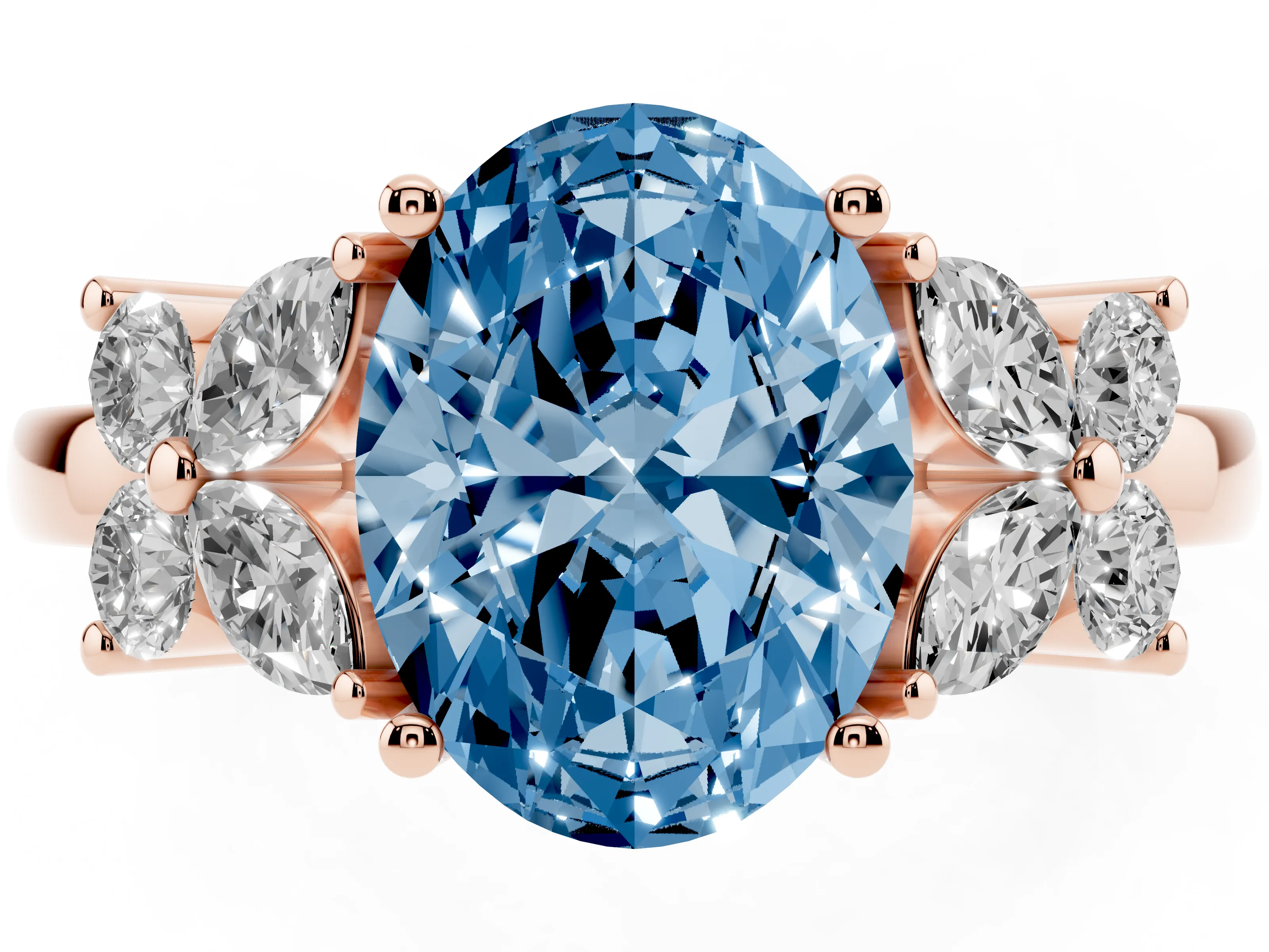 Fancy Blue Oval Cut Diamond Floral Cluster Ring Set in Rose gold with Marquise Petals and Prong Setting