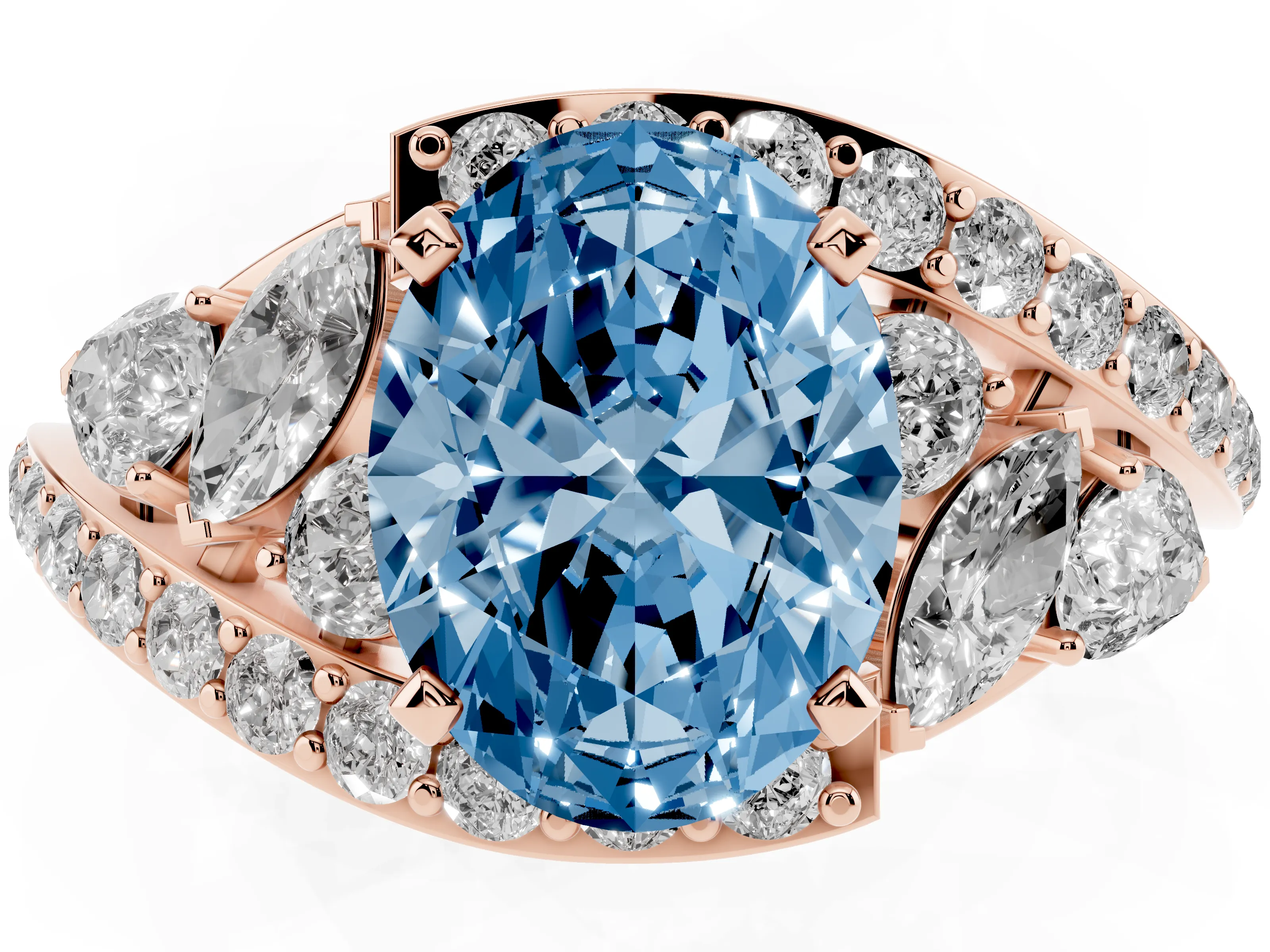 Fancy Blue Oval Cut Diamond Halo Ring Set in Rose gold with Marquise and Pavé Band in Prong Setting