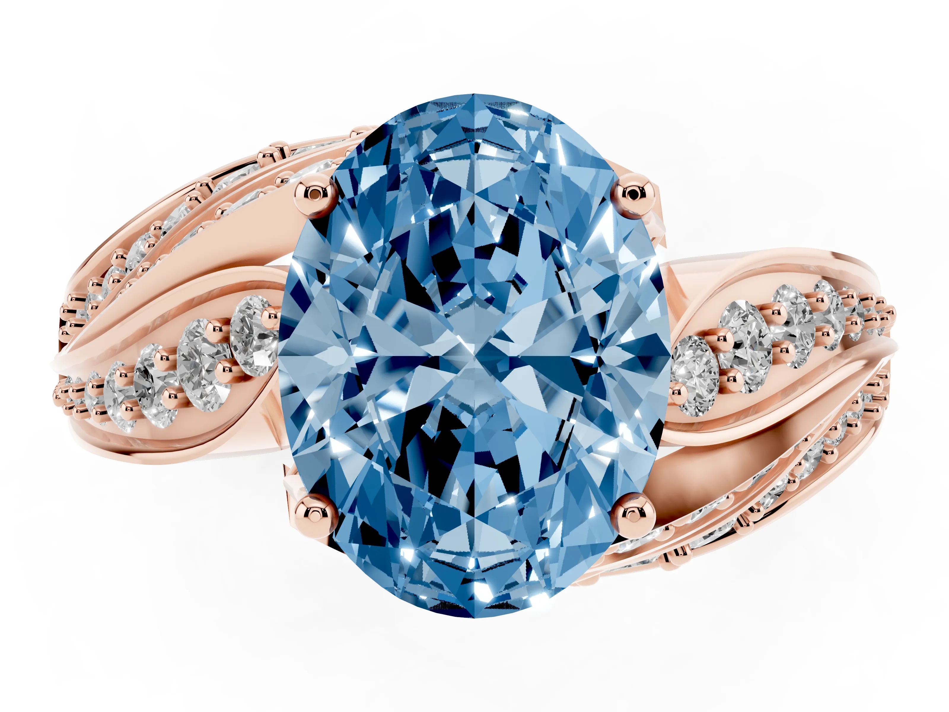 Fancy Blue Oval Cut Diamond Solitaire Ring Set in Rose gold with Layered Twist Pavé Band