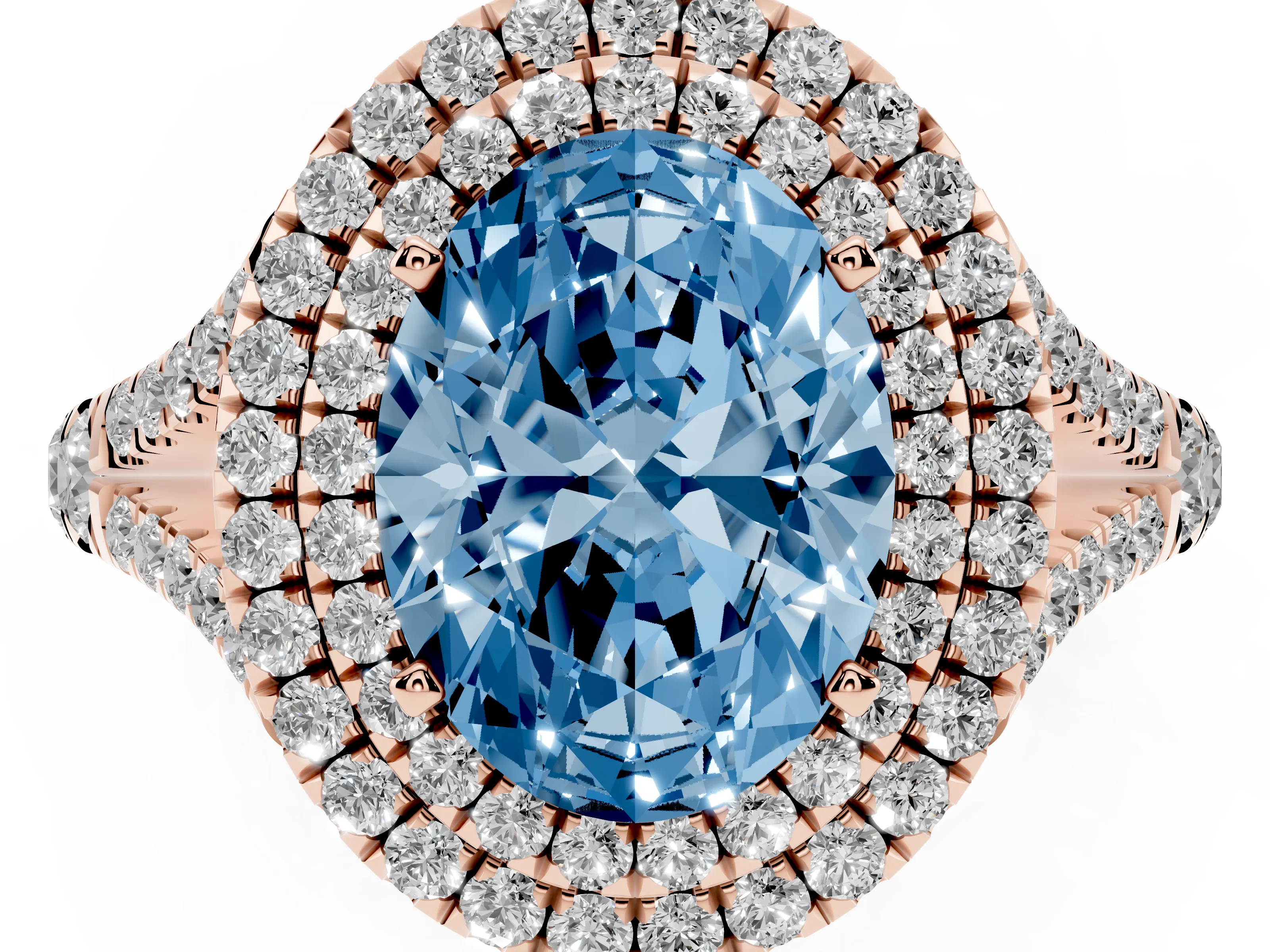Fancy Blue Oval Cut Diamond Pavé Split Shank Double Halo Engagement Ring Set in Rose gold