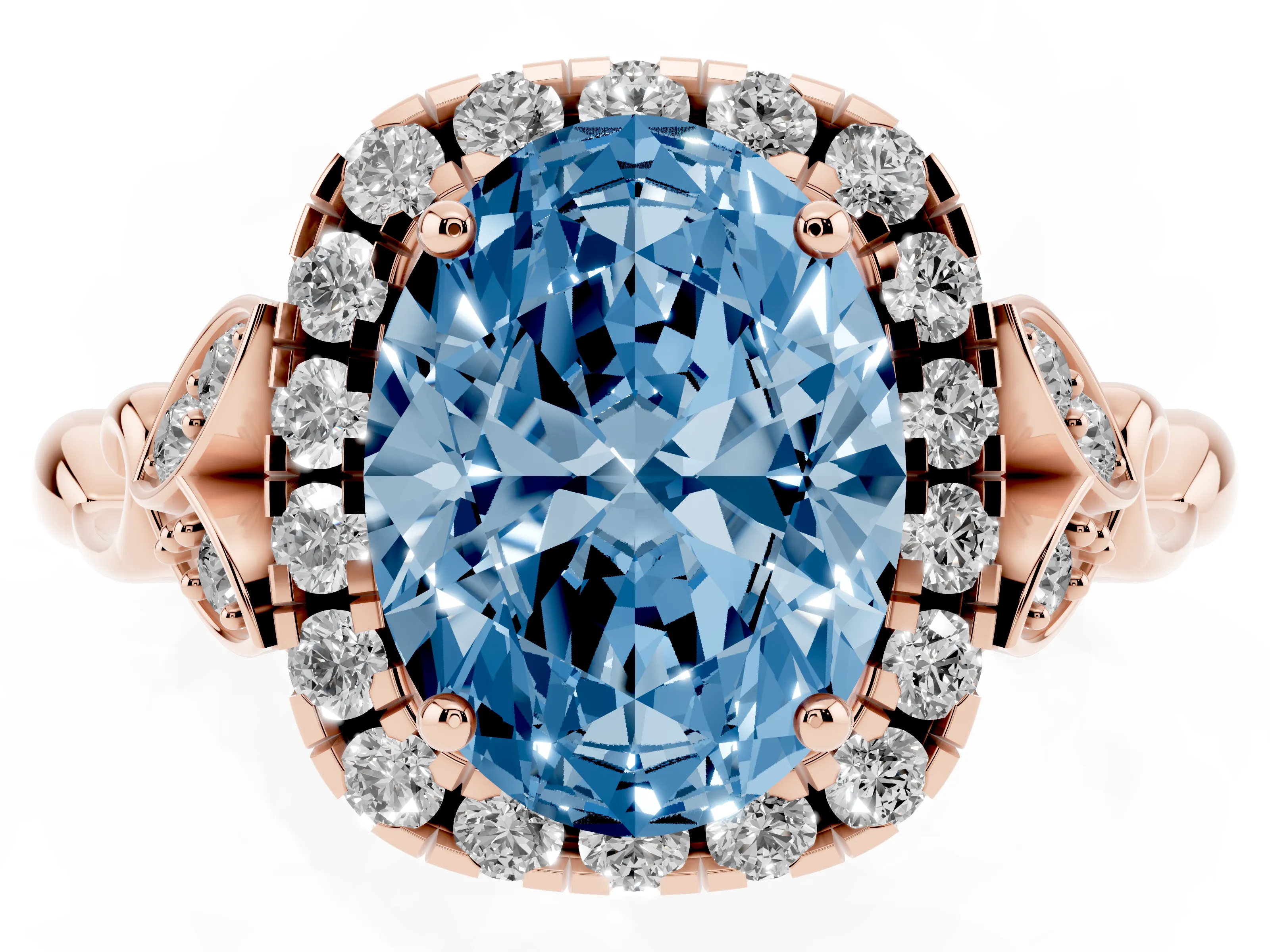 Fancy Blue Oval Cut Diamond Halo Engagement Ring Set in Rose gold with Vintage-Inspired Band and Prong Setting