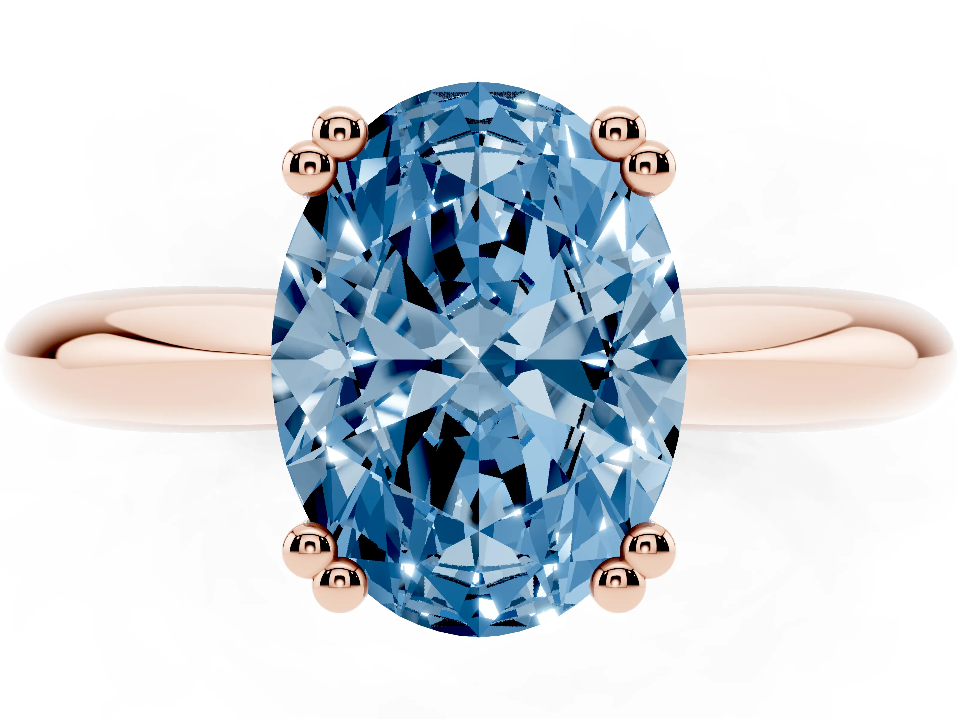 Fancy Blue Oval Cut Diamond Solitaire Engagement Ring Set in Rose gold with Tapered Band and Prong Setting