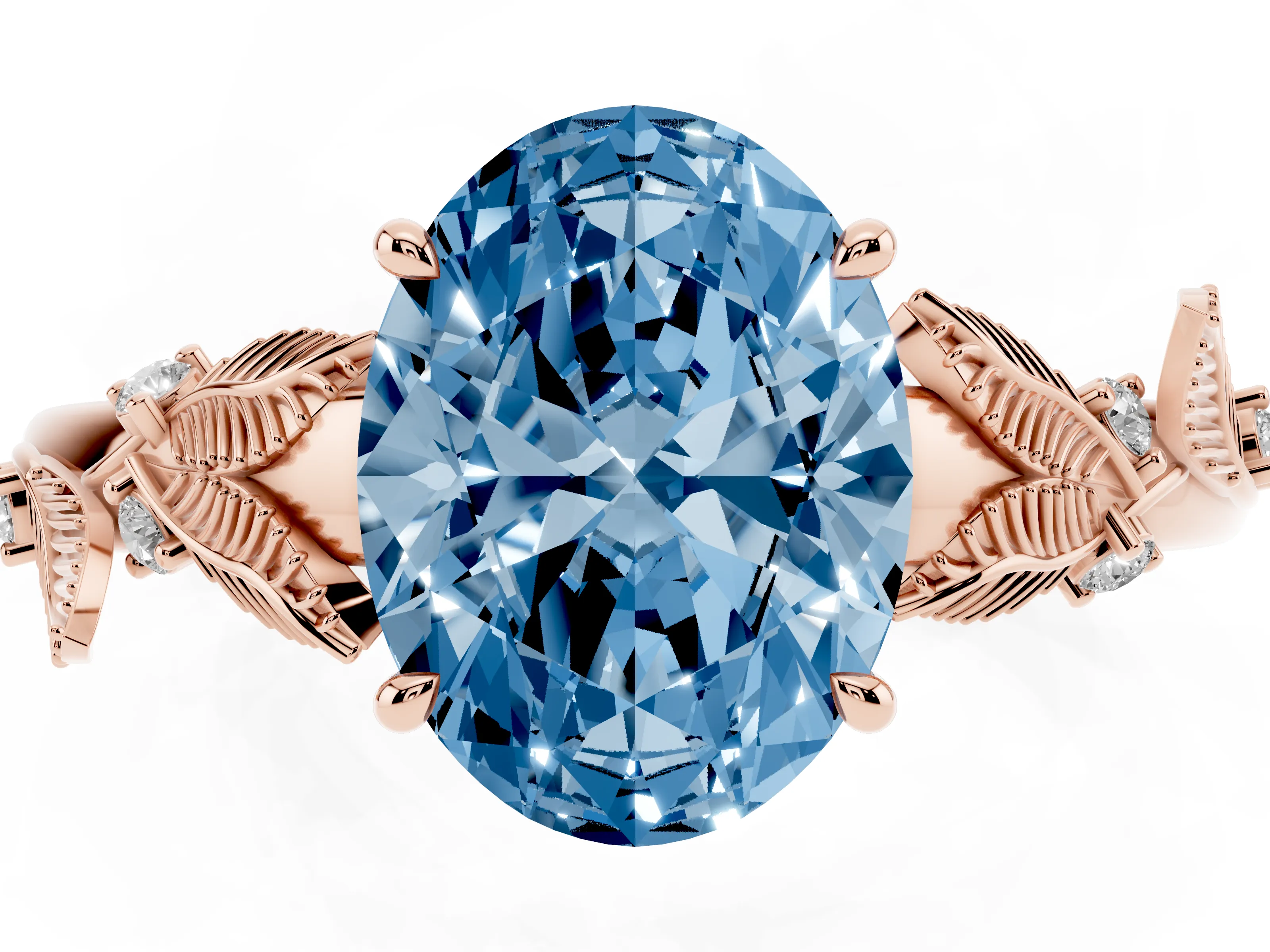 Fancy Blue Oval Cut Diamond Solitaire Ring Set in Rose gold with Leaf Motif Band