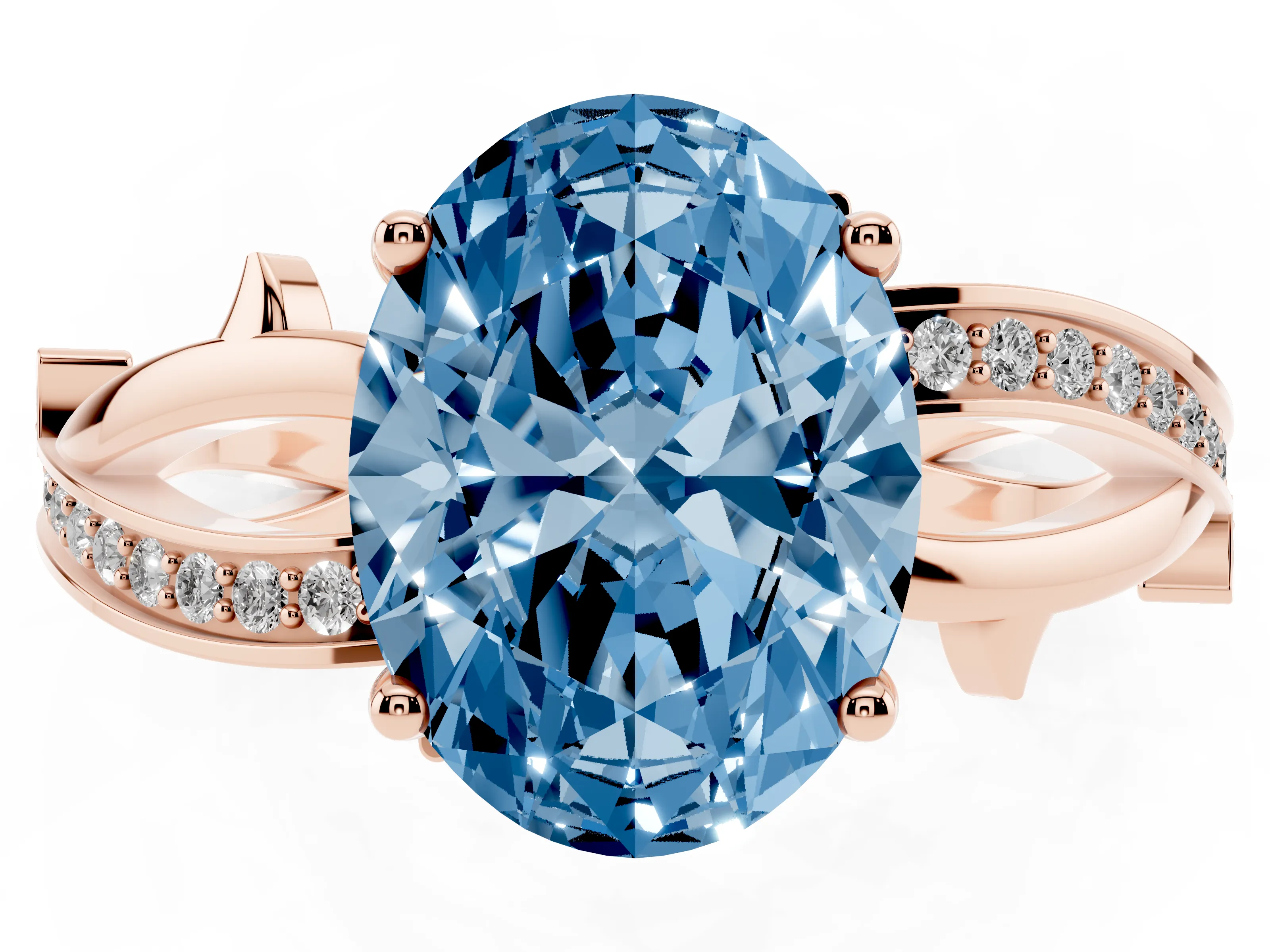Fancy Blue Oval Cut Diamond Pavé Twist Band Solitaire Ring Set in Rose gold with Prong Setting