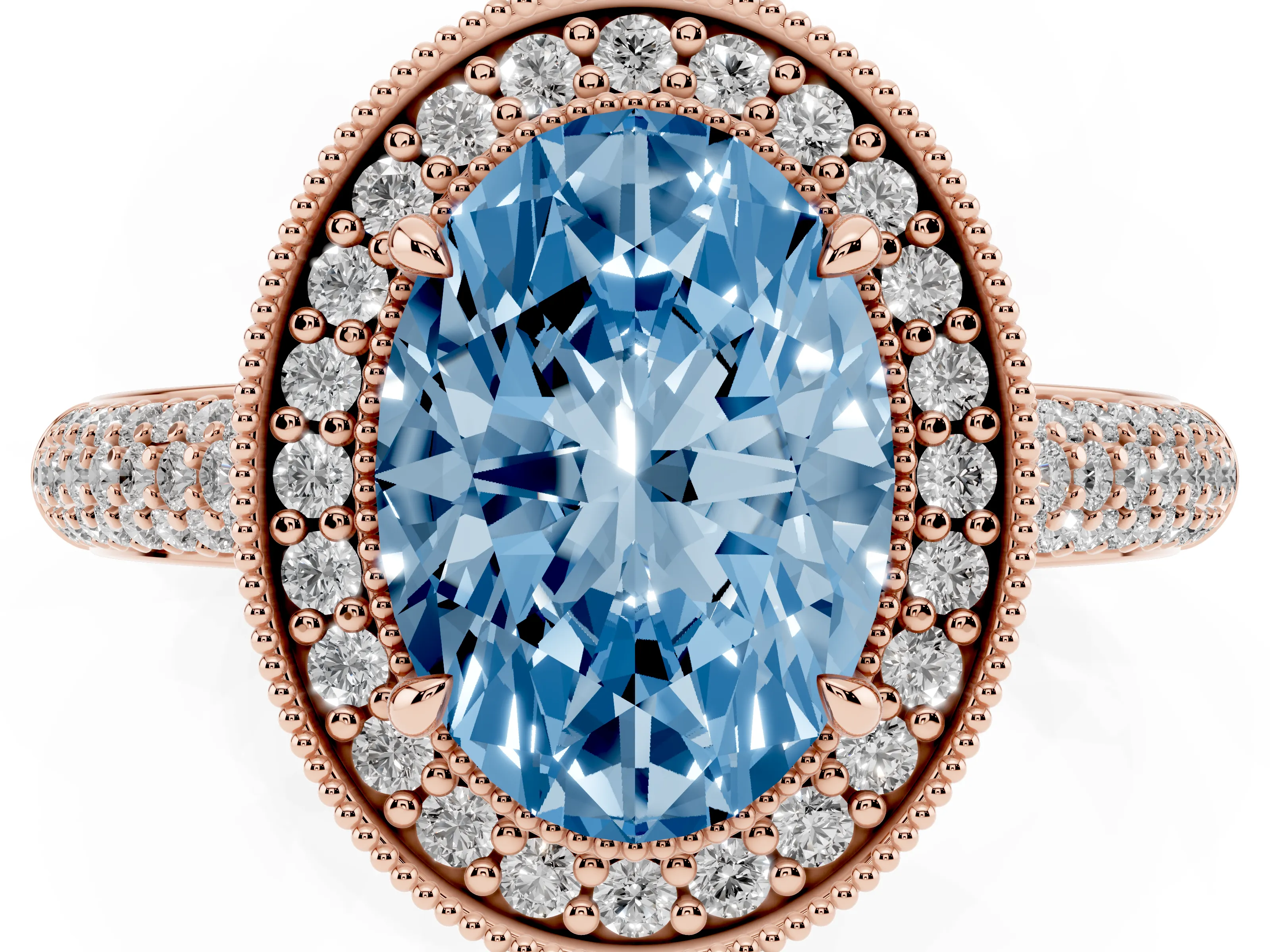 Fancy Blue Oval Cut Diamond Halo Pavé Band Set in Rose gold with Prong Setting