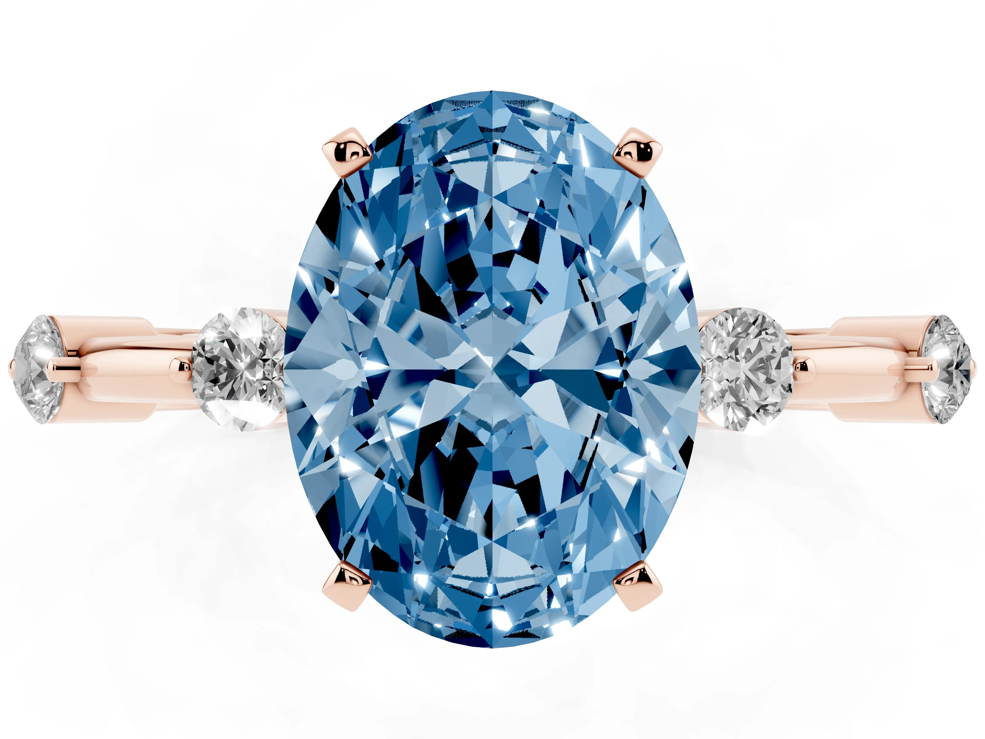Fancy Blue Oval Cut Diamond Solitaire Ring Set in Rose gold with Bezel Set Side Stones and Prong Setting