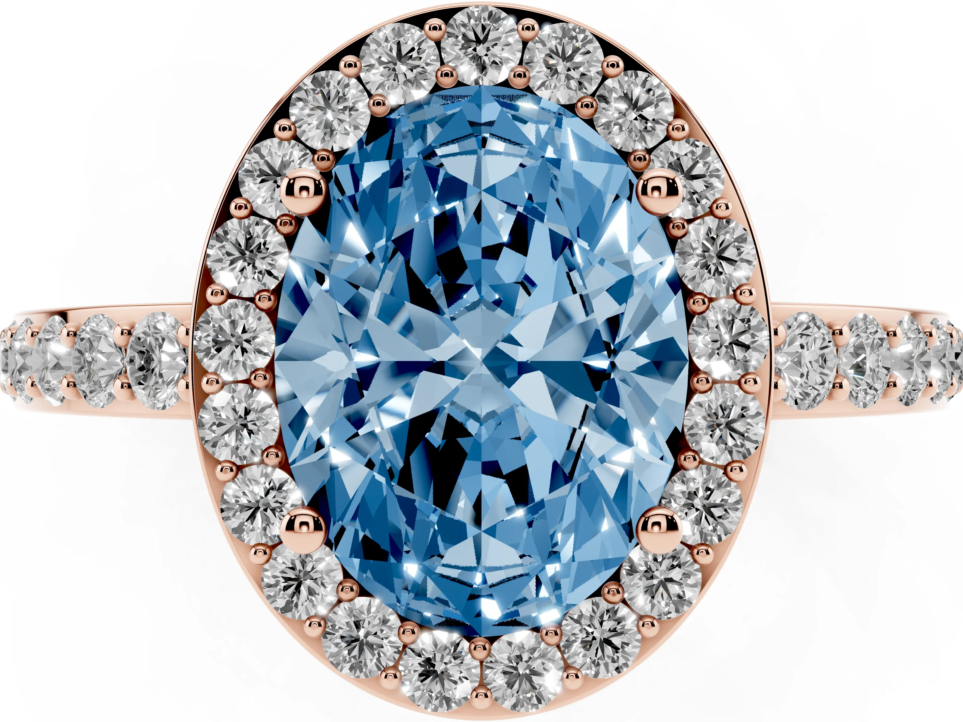 Fancy Blue Oval Cut Diamond Halo Ring Set in Rose gold with Pavé-Setting Band and Open Prong Center