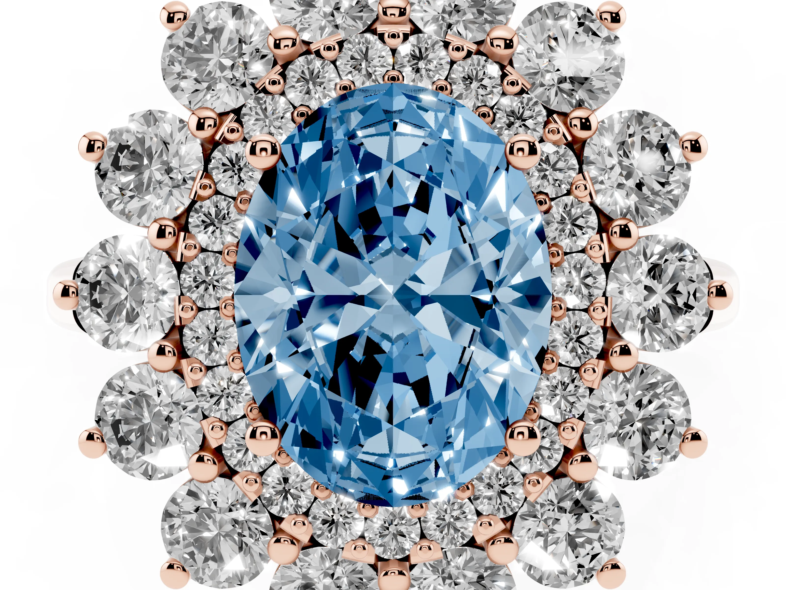 Fancy Blue Oval Cut Diamond Floral Double Halo Ring Set in Rose gold with Round Petals