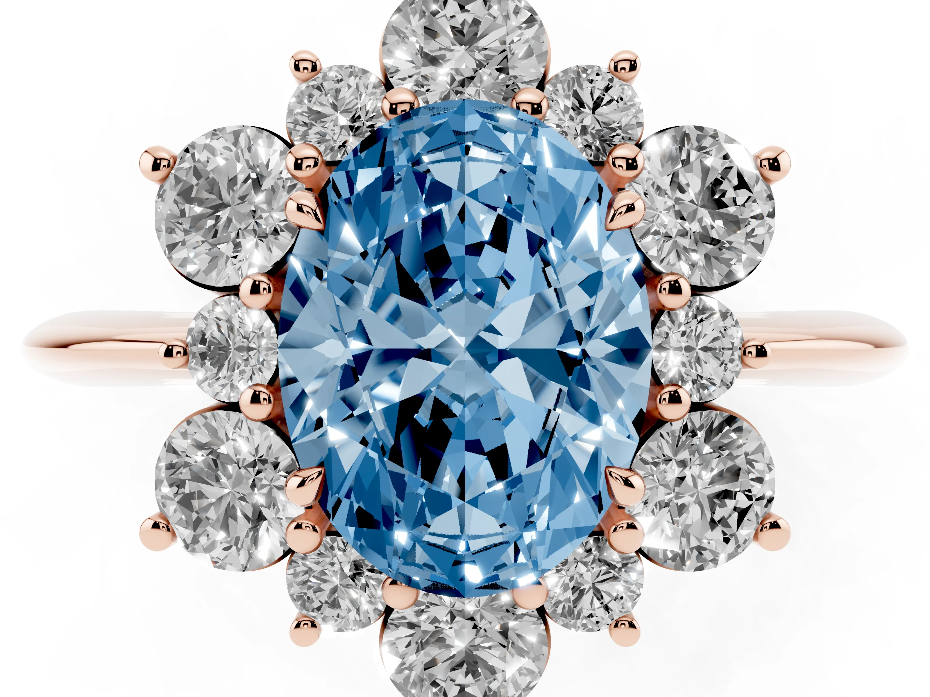 Fancy Blue Oval Cut Diamond Cluster Halo Ring Set in Rose gold with Solitaire Band and Prong Setting