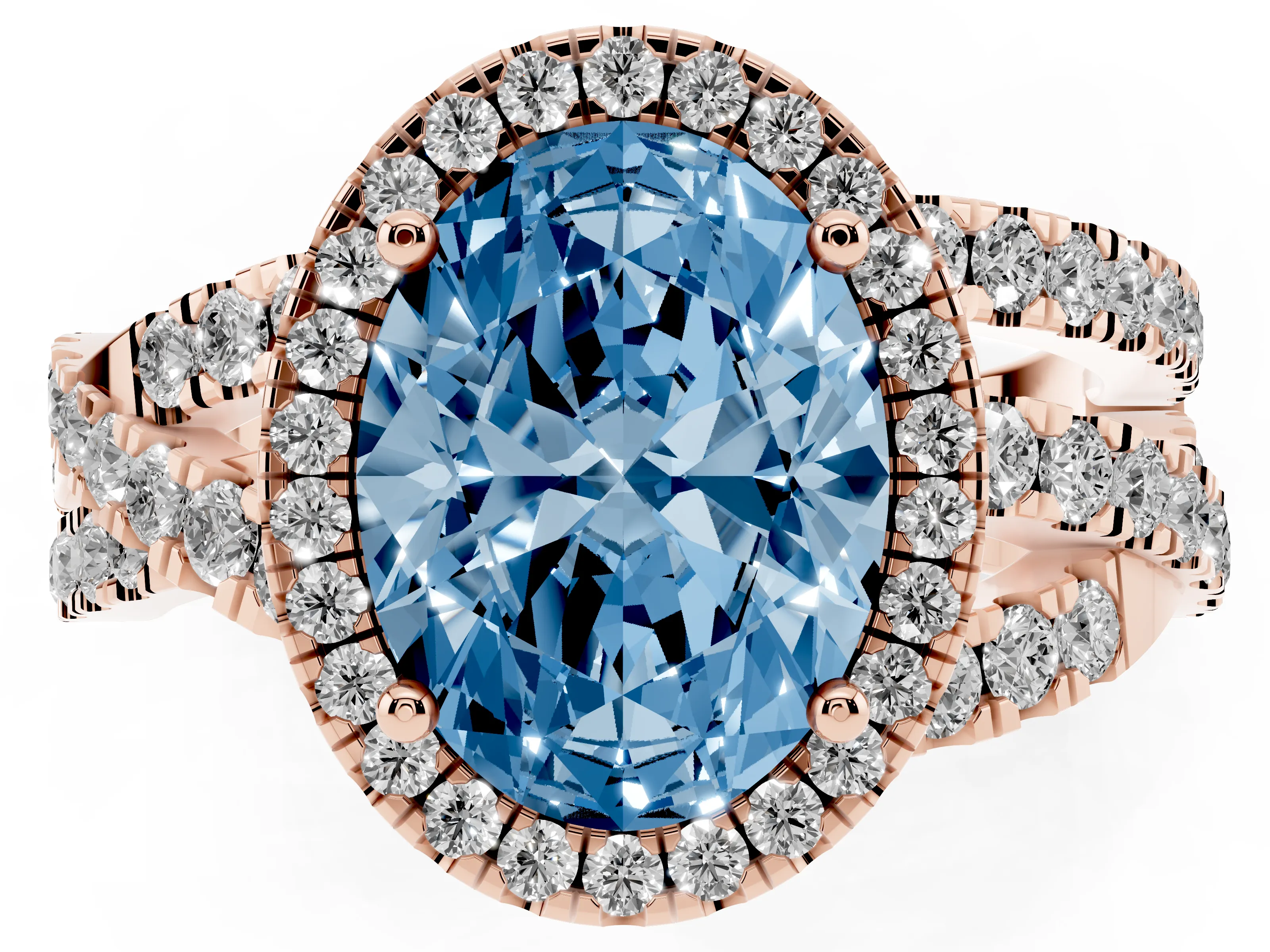Fancy Blue Oval Cut Diamond Halo Ring Set in Rose gold with Round Crossover Split Shank and Prong Setting