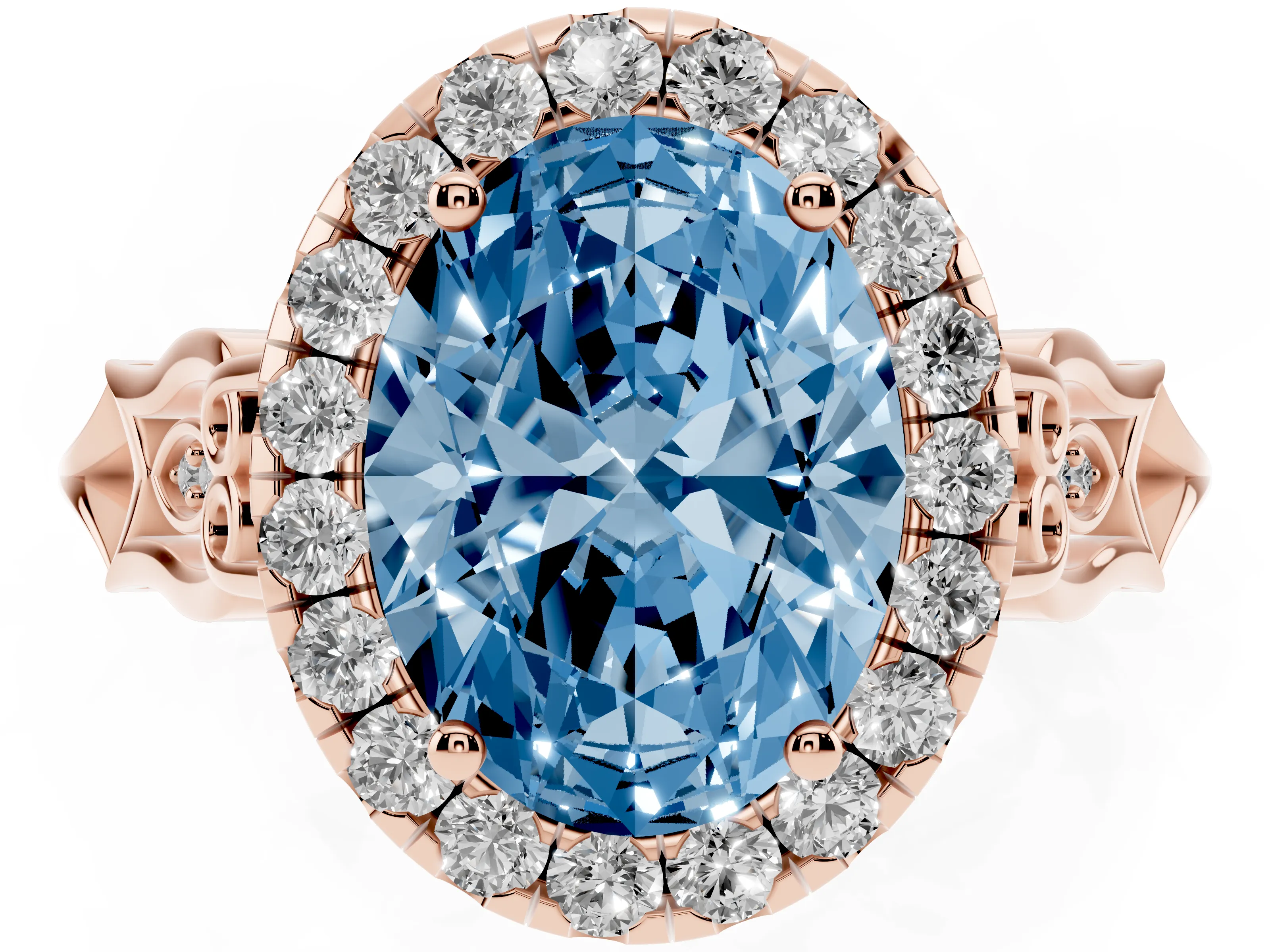 Fancy Blue Oval Cut Diamond Halo Engagement Ring Set in Rose gold with Filigree Band and Prong-Set Center