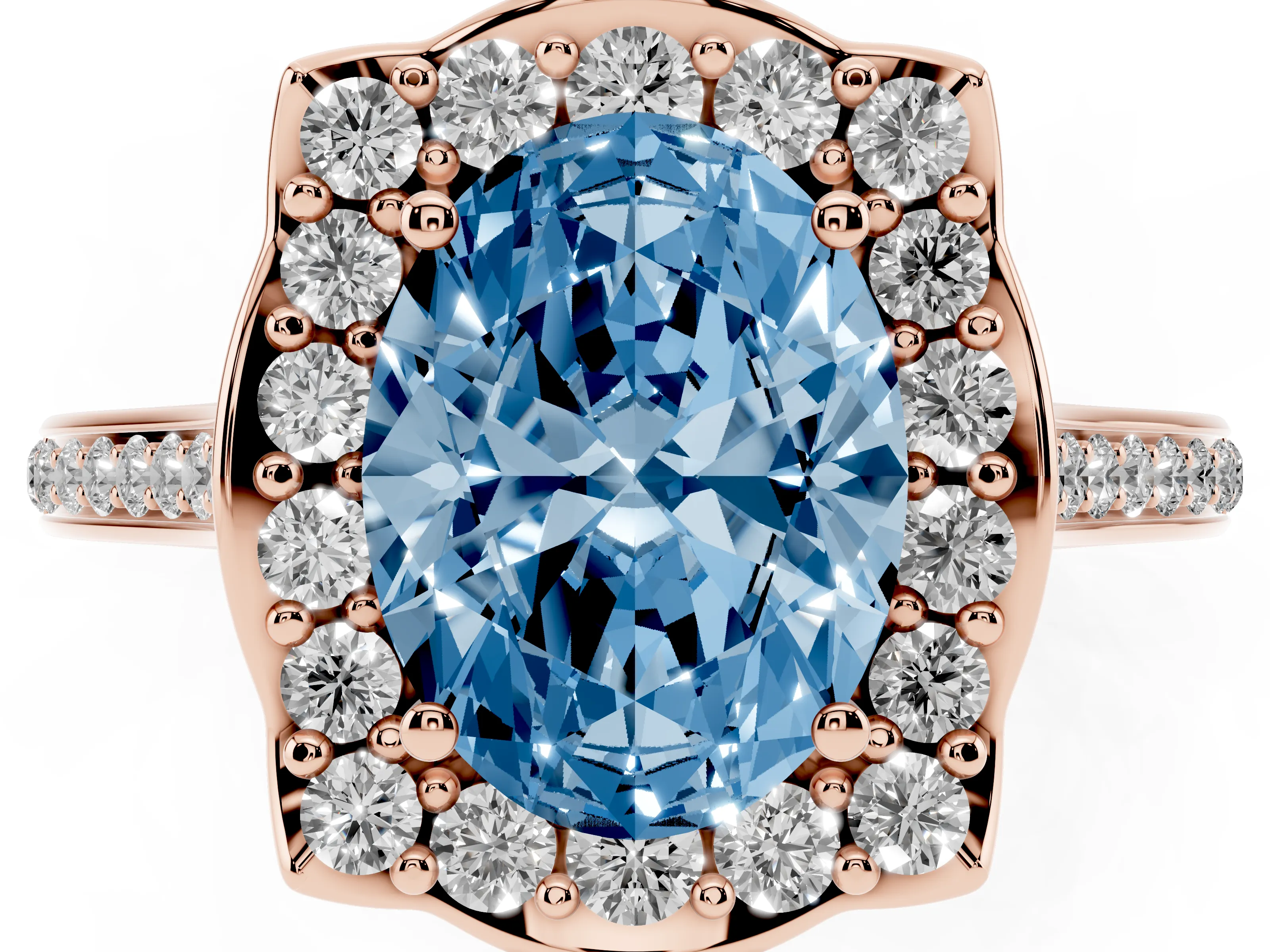 Fancy Blue Oval Cut Diamond Halo Ring Set in Rose gold with Pavé-Lined Shoulders and Prong Setting