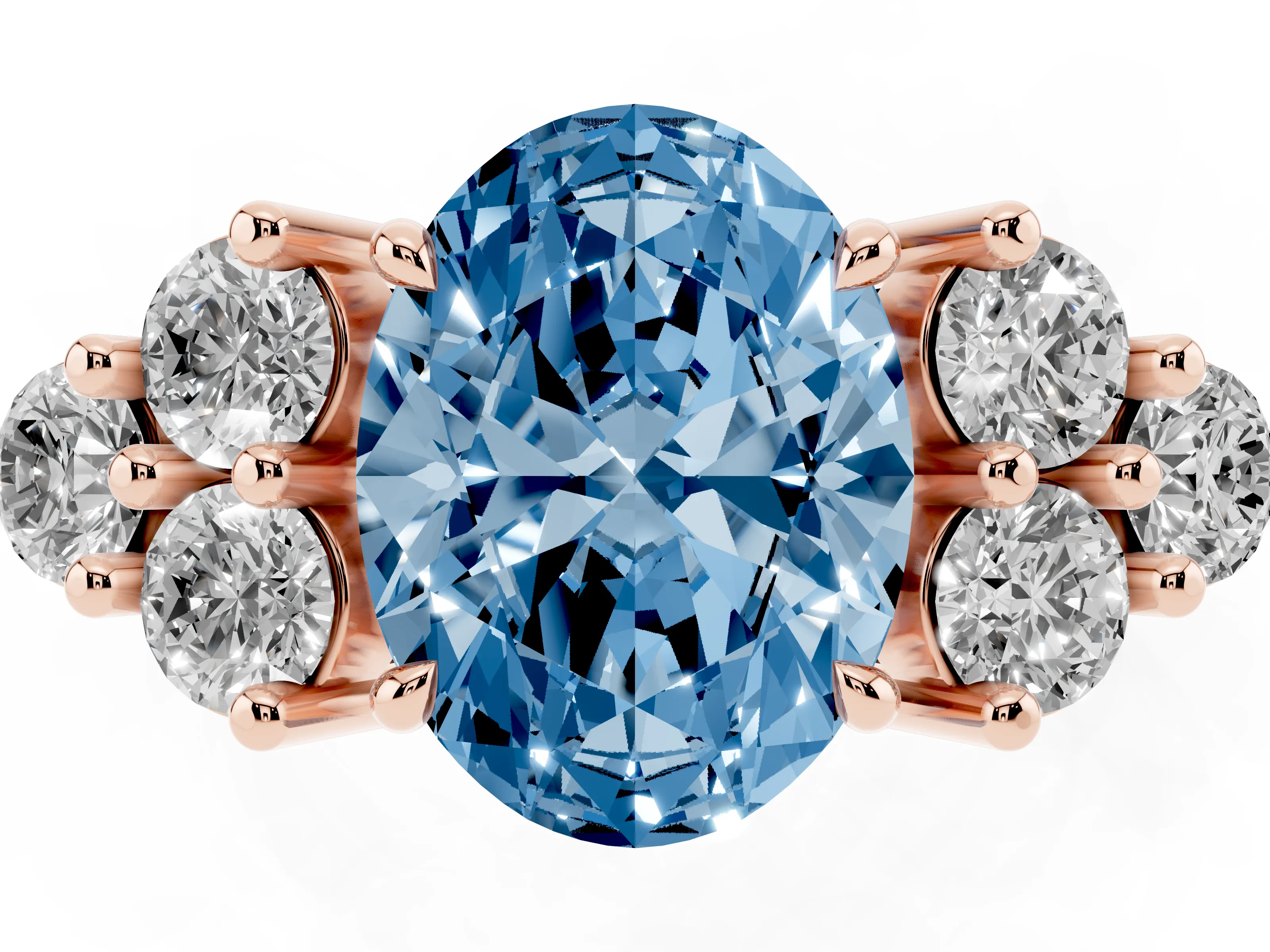 Fancy Blue Oval Cut Diamond Solitaire Ring Set in Rose gold with Cluster Accents on Each Side