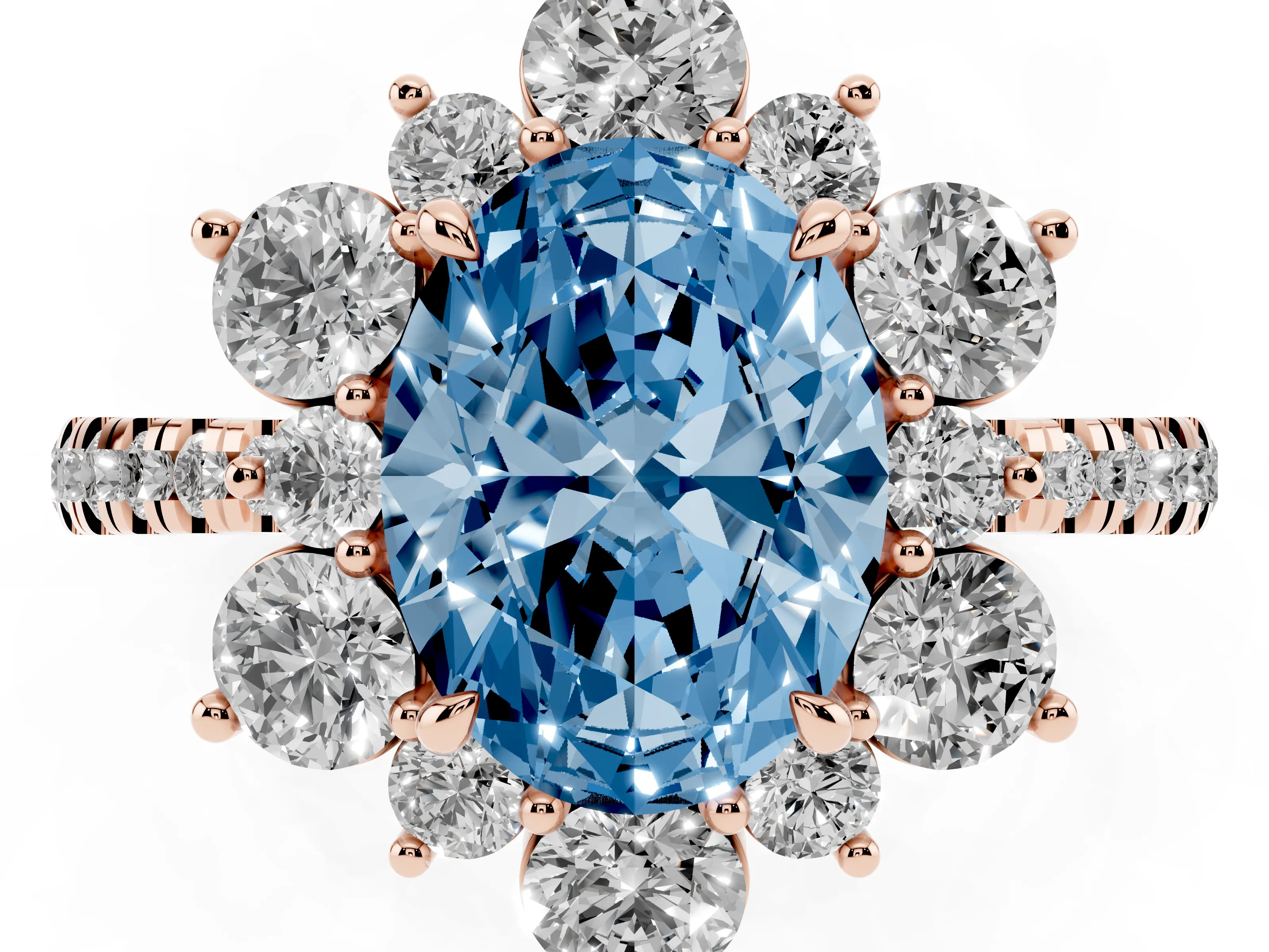 Fancy Blue Oval Cut Diamond Floral Halo Ring Set in Rose gold with Round Pavé Band and Prong Setting