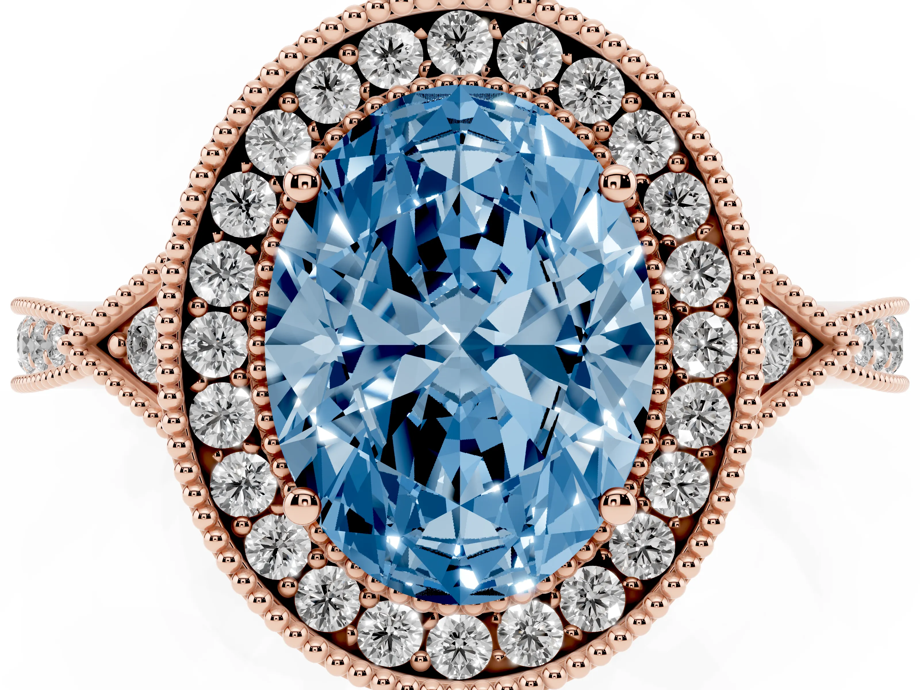 Fancy Blue Oval Cut Diamond Halo Engagement Ring Set in Rose gold with Milgrain Pavé Band