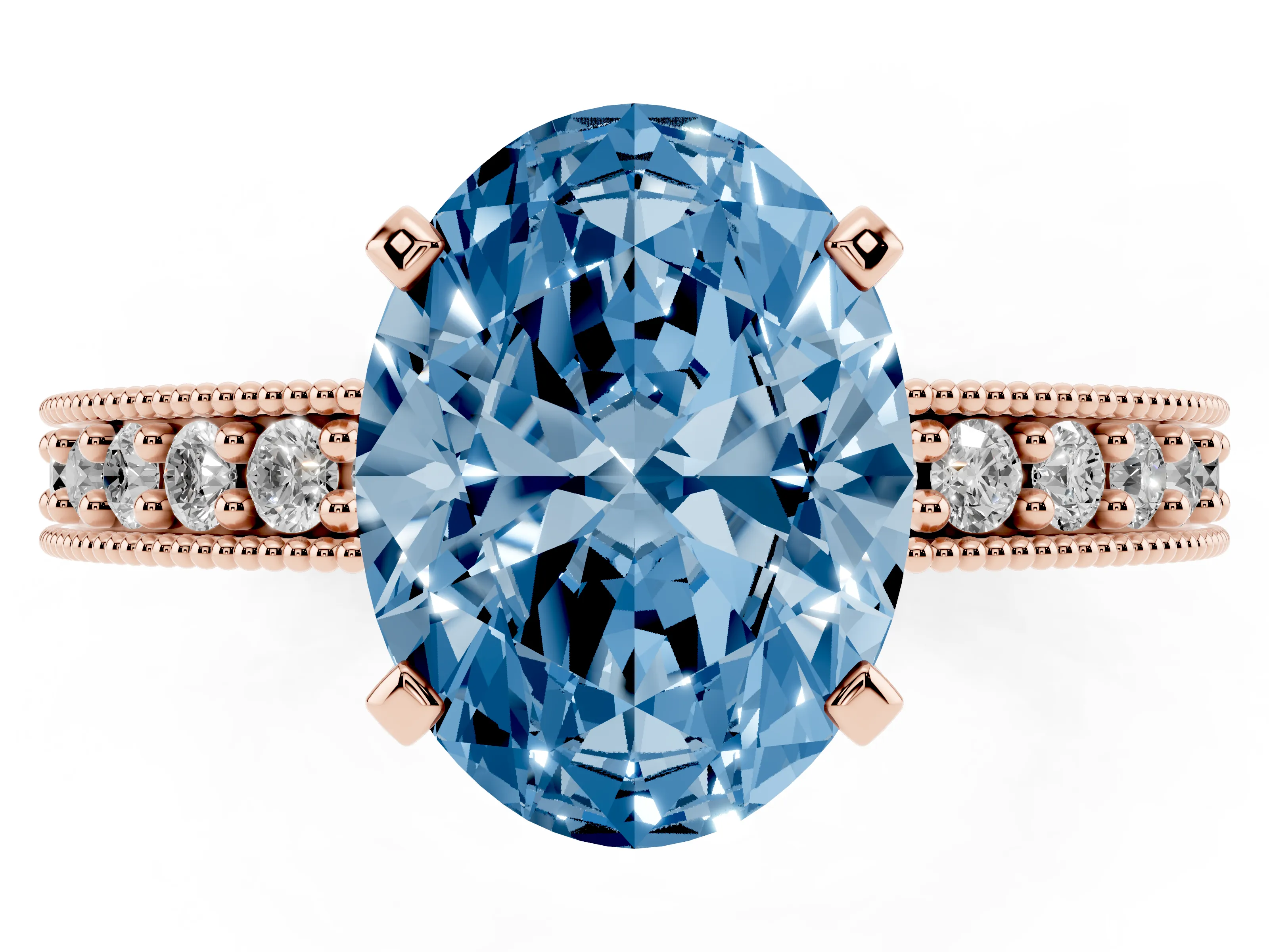 Fancy Blue Oval Cut Diamond Milgrain Pavé Engagement Ring Set in Rose gold with Prong Setting