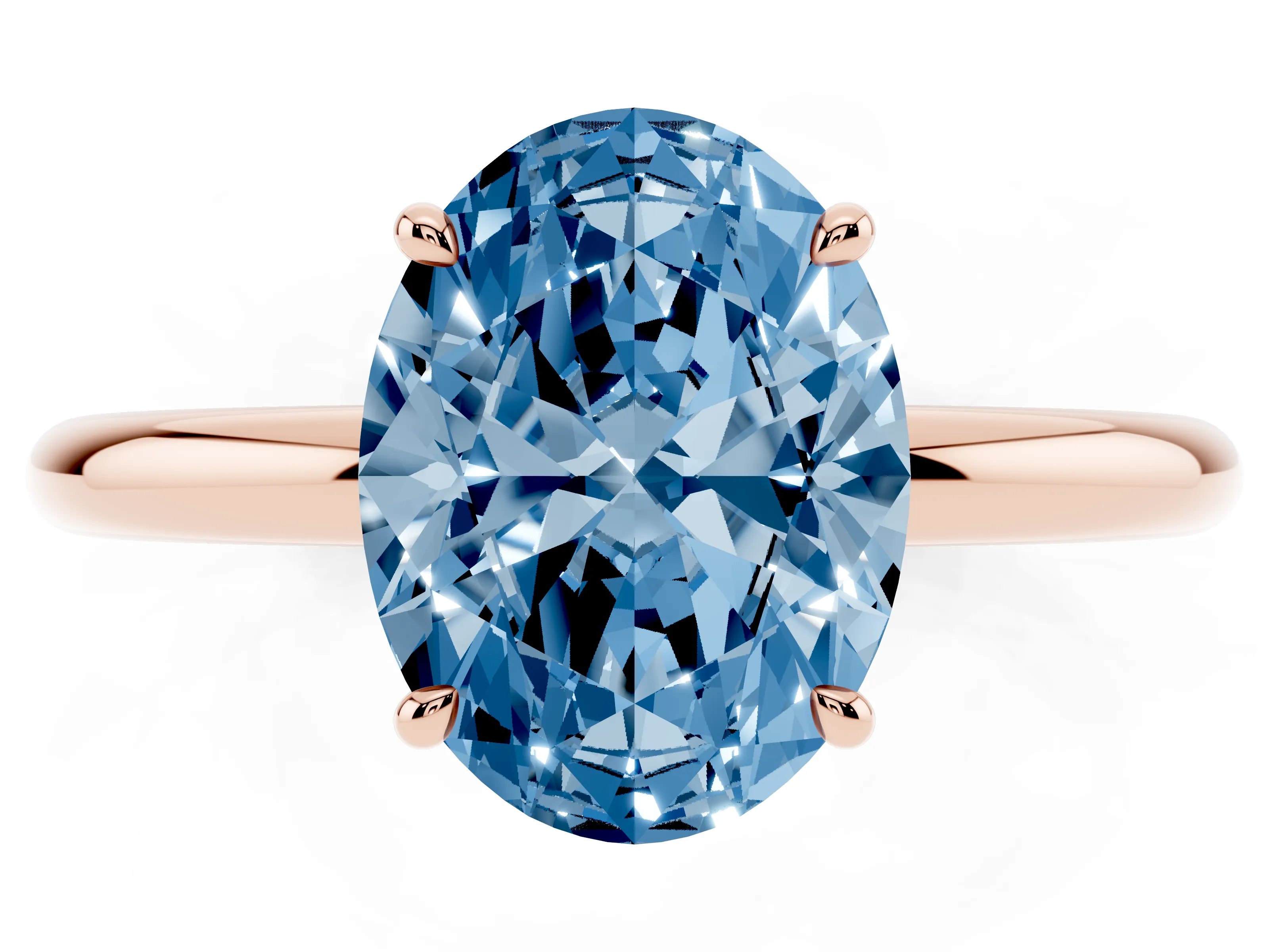 Fancy Blue Oval Cut Diamond Solitaire Ring Set in Rose gold with Thin Band and Prong Setting