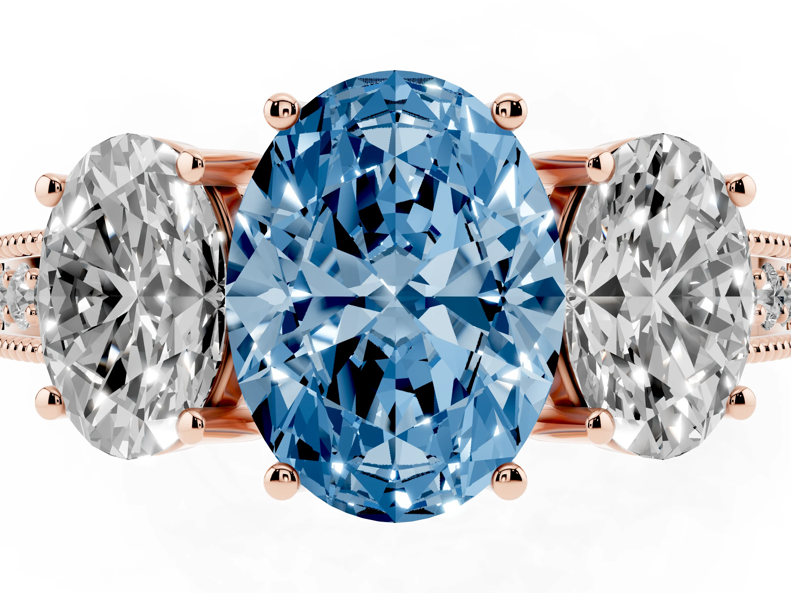 Fancy Blue Oval Cut Diamond Three-Stone Engagement Ring Set in Rose gold with Milgrain Pavé Band