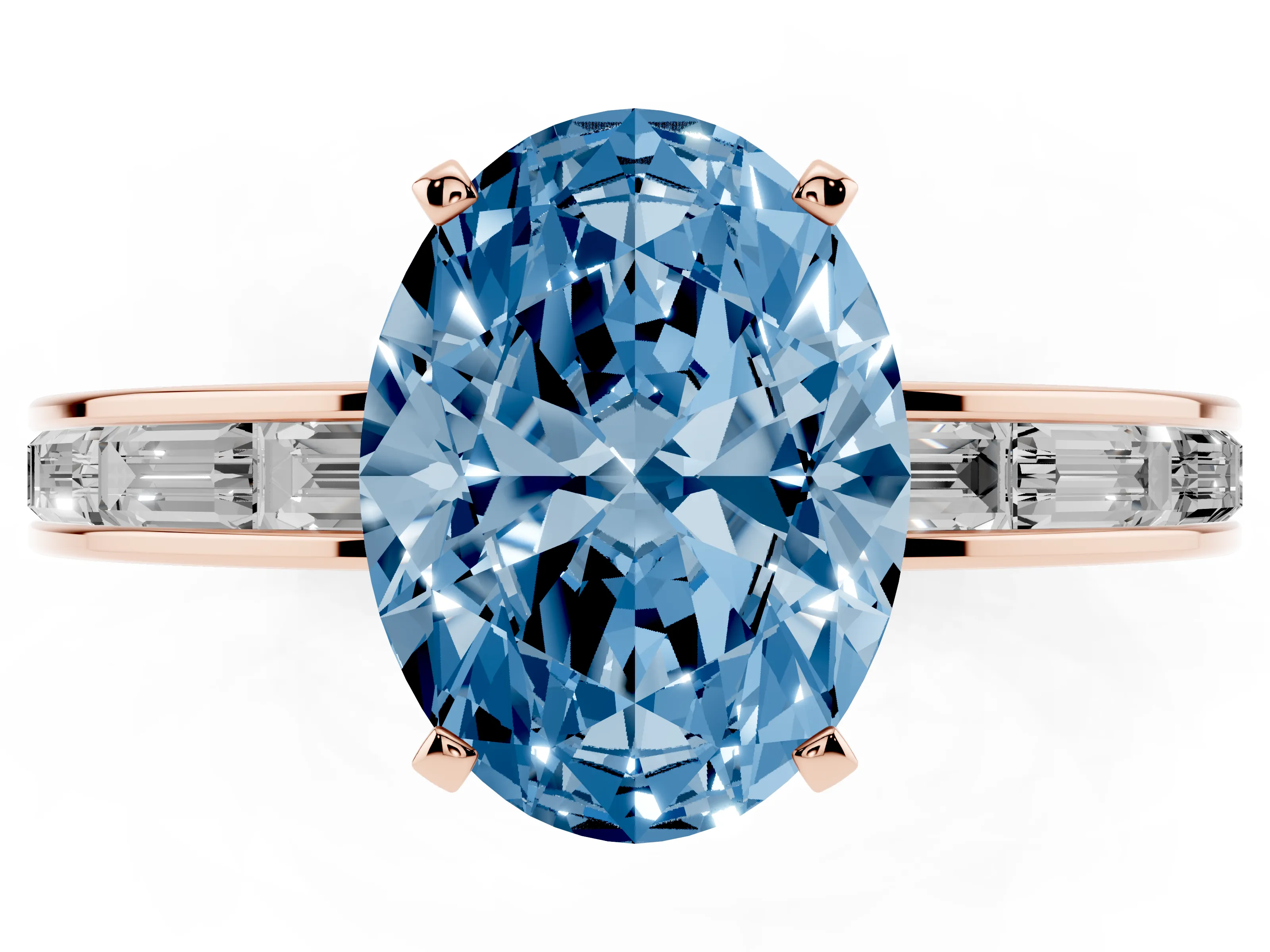 Fancy Blue Oval Cut Diamond Solitaire Ring Set in Rose gold with Channel-Set Baguette Band and Prong Setting