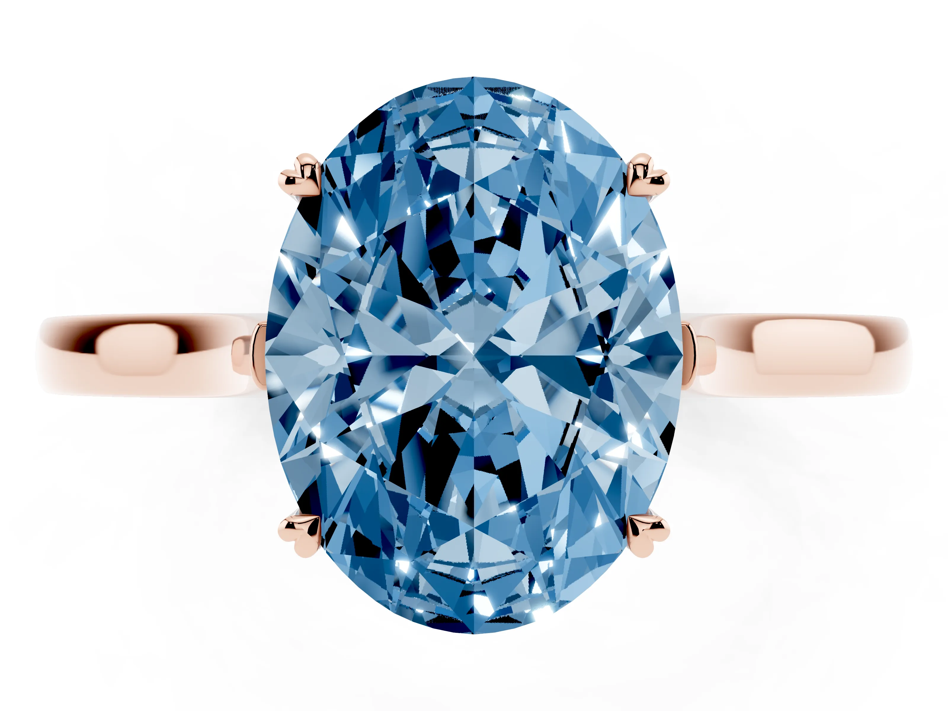 Fancy Blue Oval Cut Diamond Solitaire Heart Prong Engagement Ring Set in Rose gold with Tapered Band
