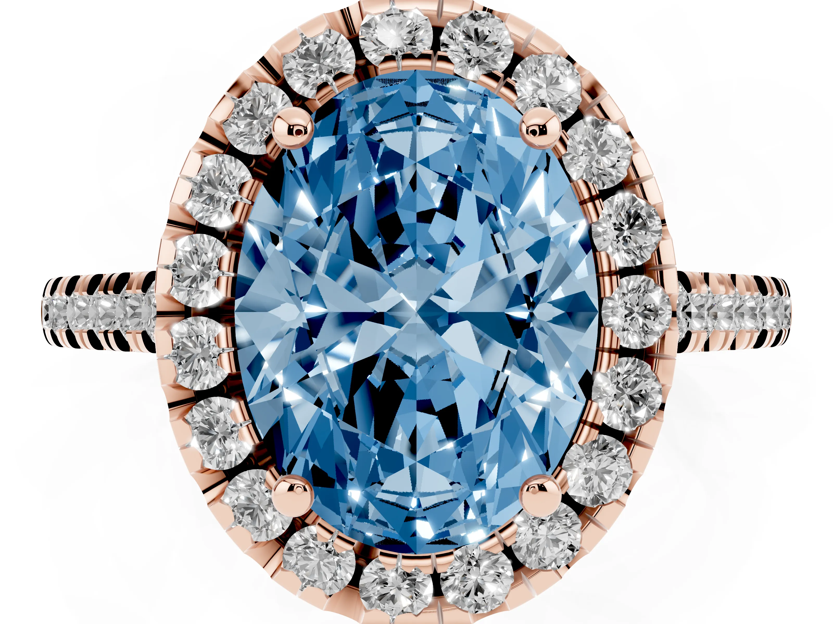 Fancy Blue Oval Cut Diamond Cushion Halo Ring Set in Rose gold with Pavé Band