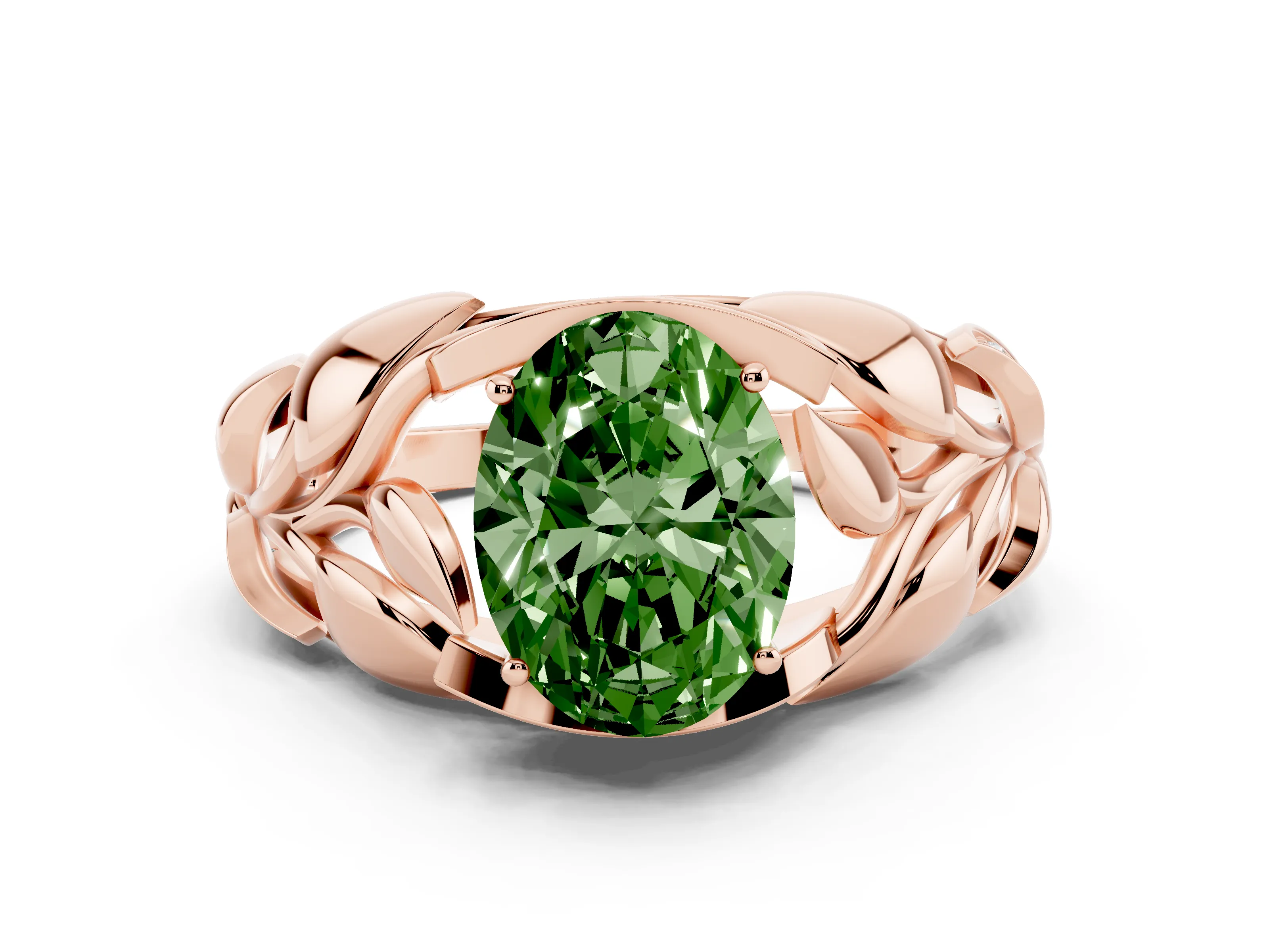 Fancy Green Oval Cut Diamond Leaf-Inspired Engagement Ring Set in Rose gold with Round Accents