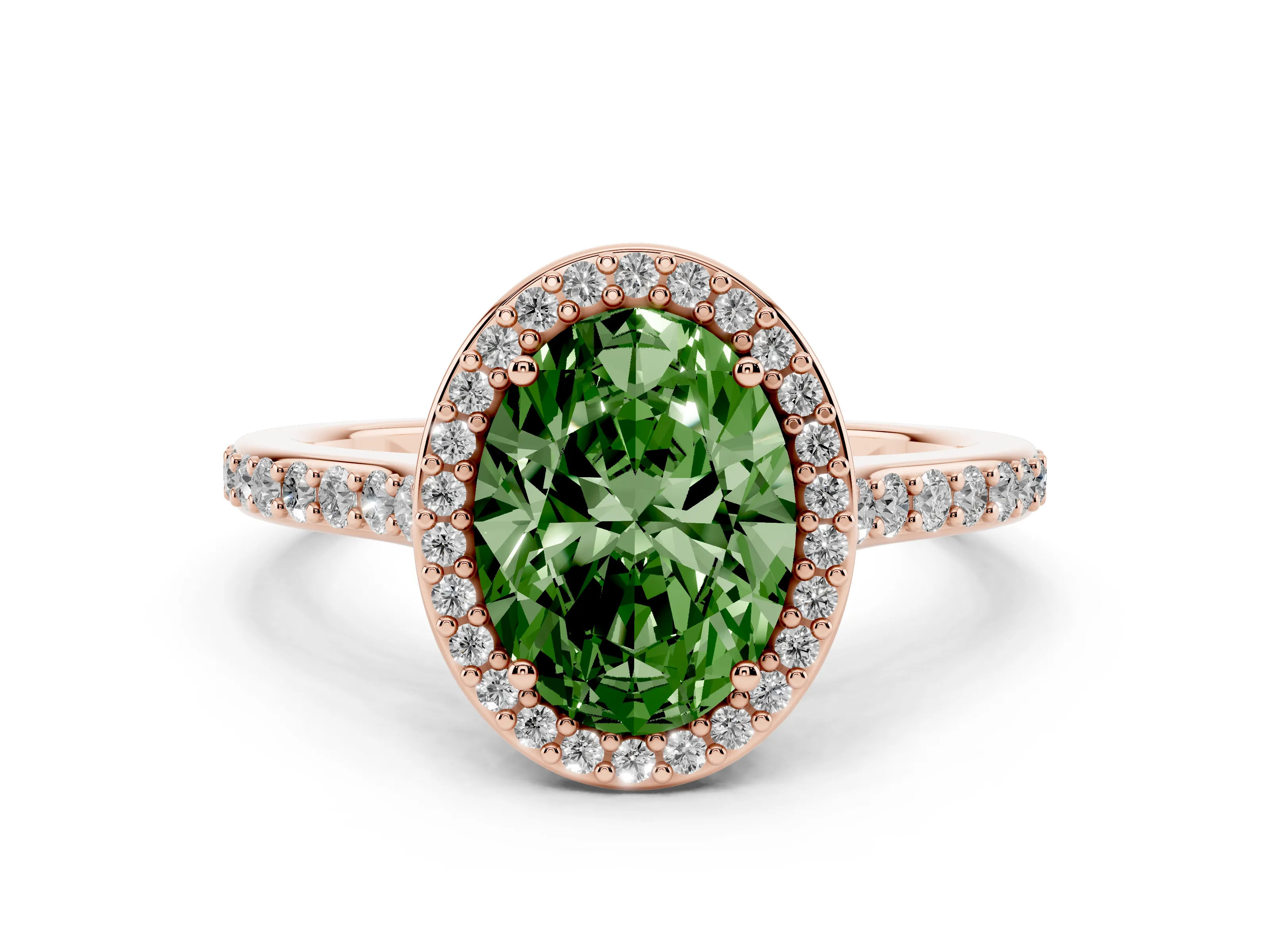 Fancy Green Oval Cut Diamond Halo Engagement Ring Set in Rose gold with Round Pavé Shoulders and Heart Gallery