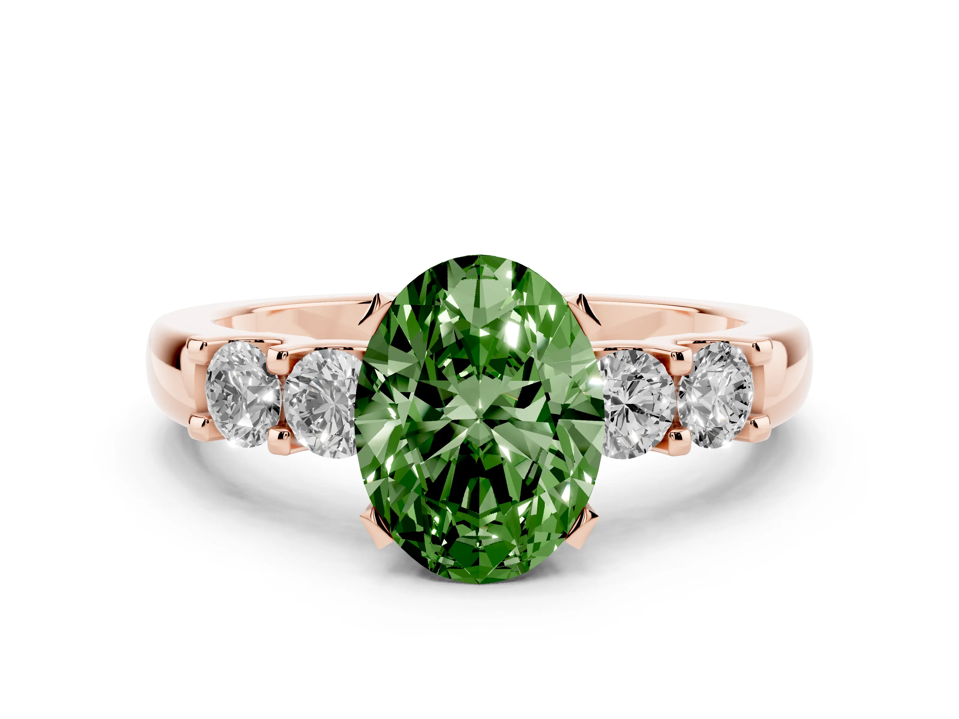 Fancy Green Oval Cut Diamond Five-Stone Prong Set Engagement Ring Set in Rose gold with Channel Band