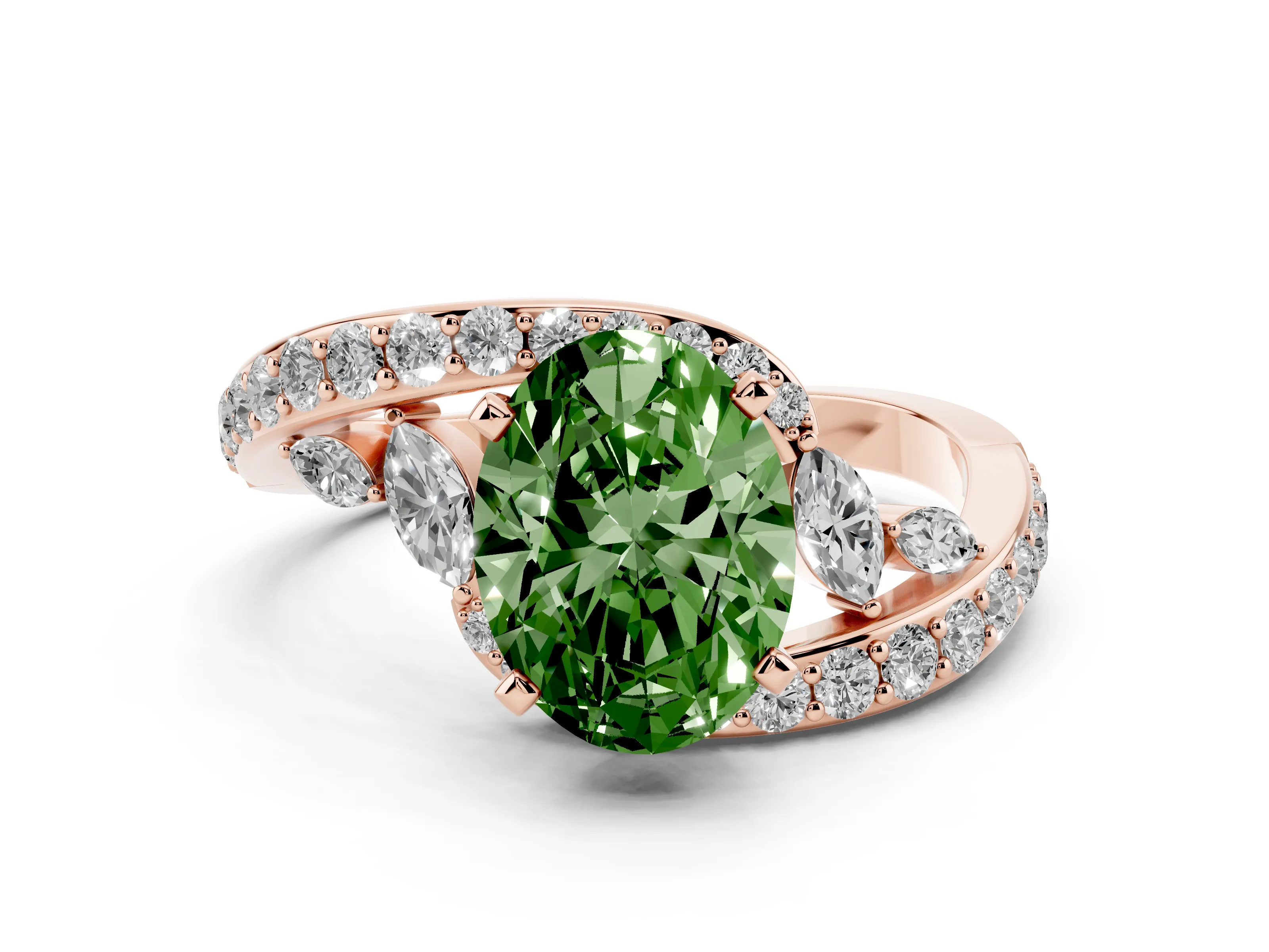Fancy Green Oval Cut Diamond Solitaire Ring Set in Rose gold with Pavé Twist Band and Secure Prong Setting