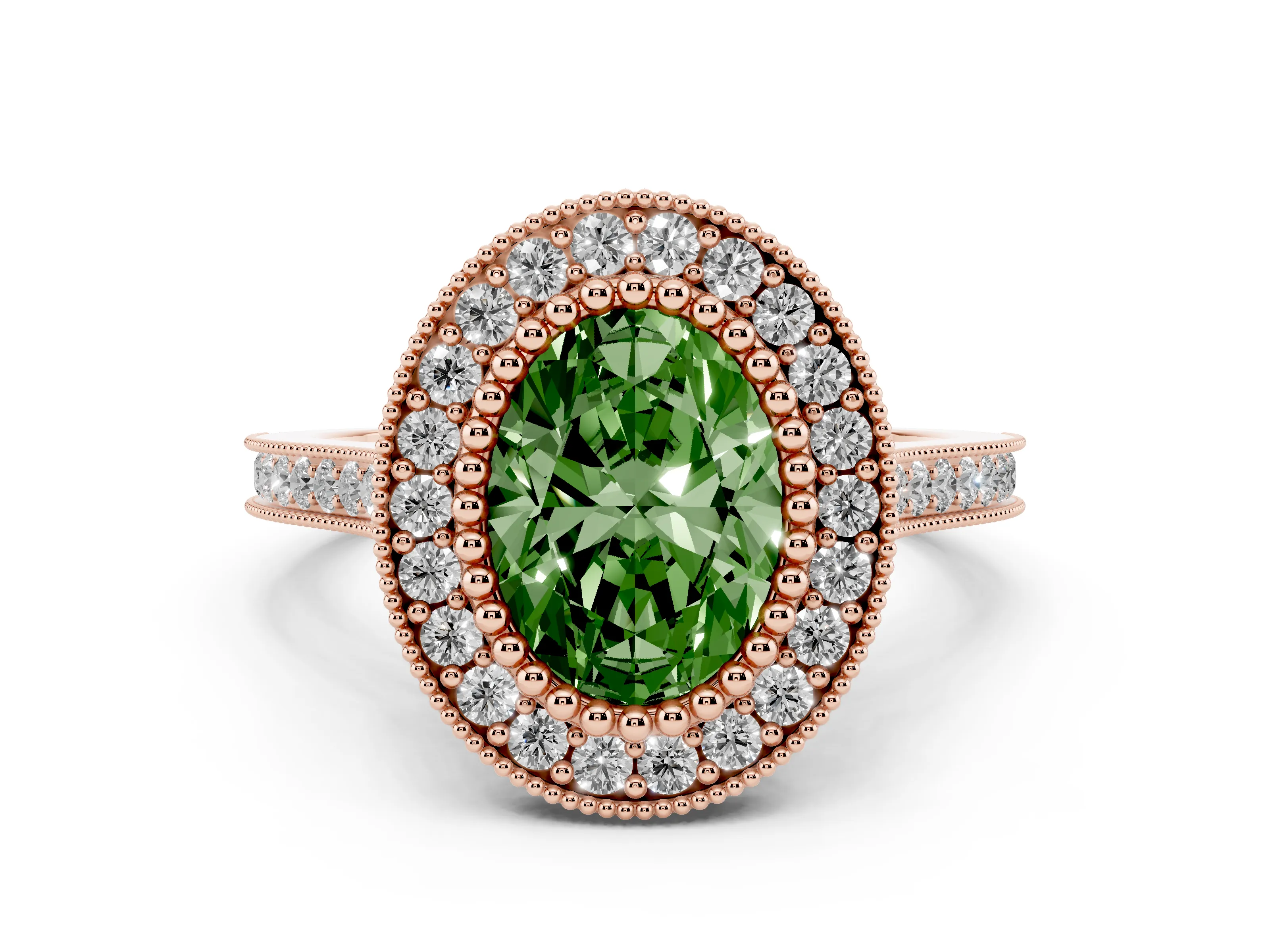 Fancy Green Oval Cut Diamond Halo Ring Set in Rose gold with Milgrain Frame and Pavé Band