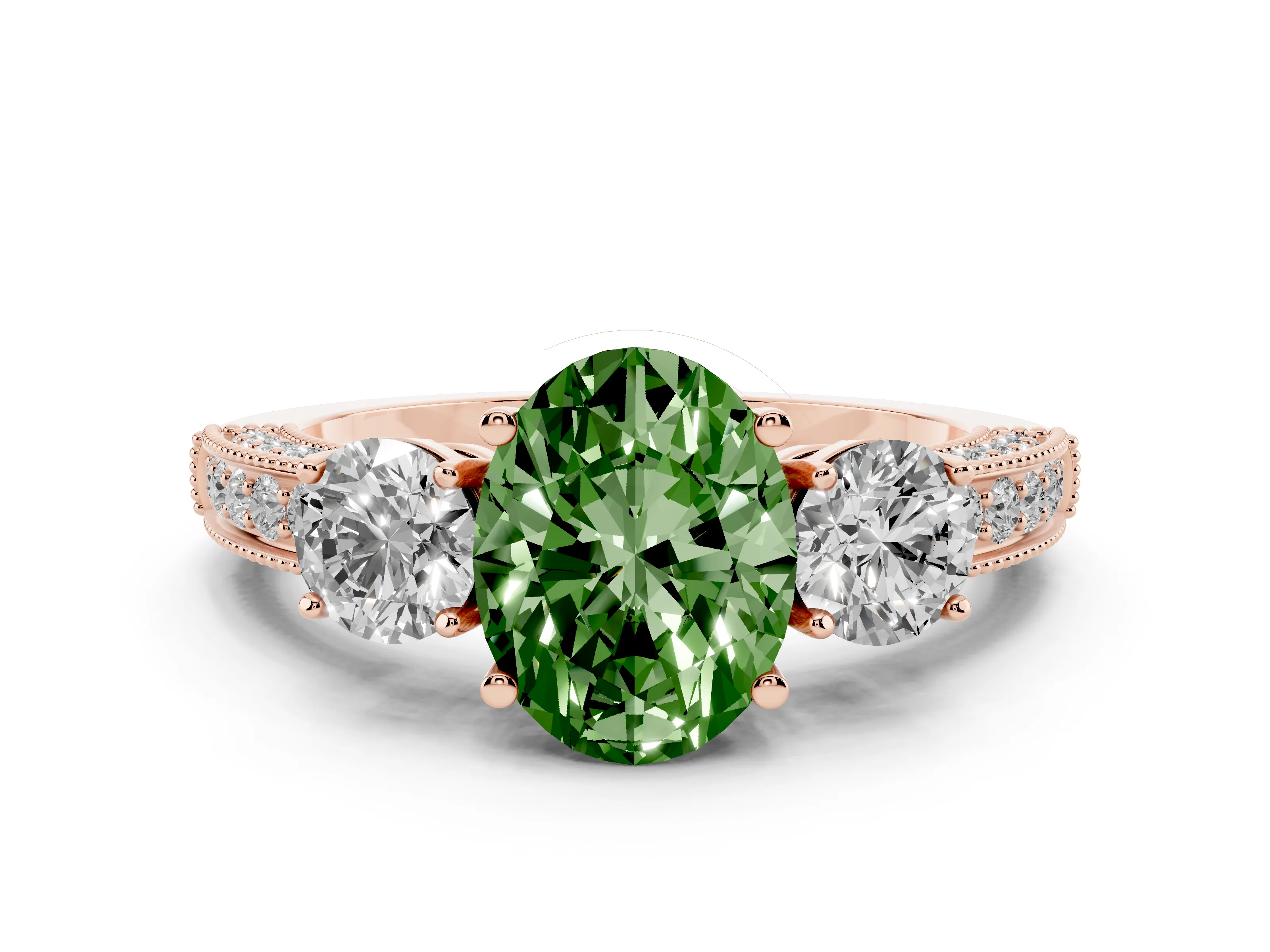 Fancy Green Oval Cut Diamond Three-Stone Ring Set in Rose gold with Round Side Stones and Pavé Band