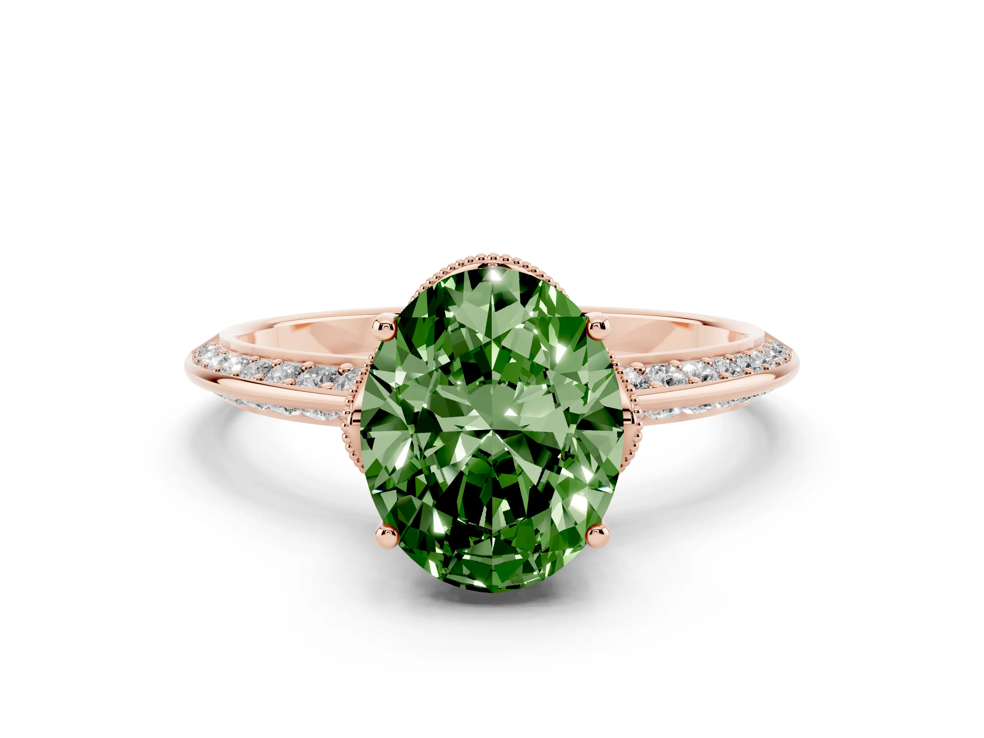 Fancy Green Oval Cut Diamond Solitaire Engagement Ring Set in Rose gold with Pavé Split Shank and Prong Setting