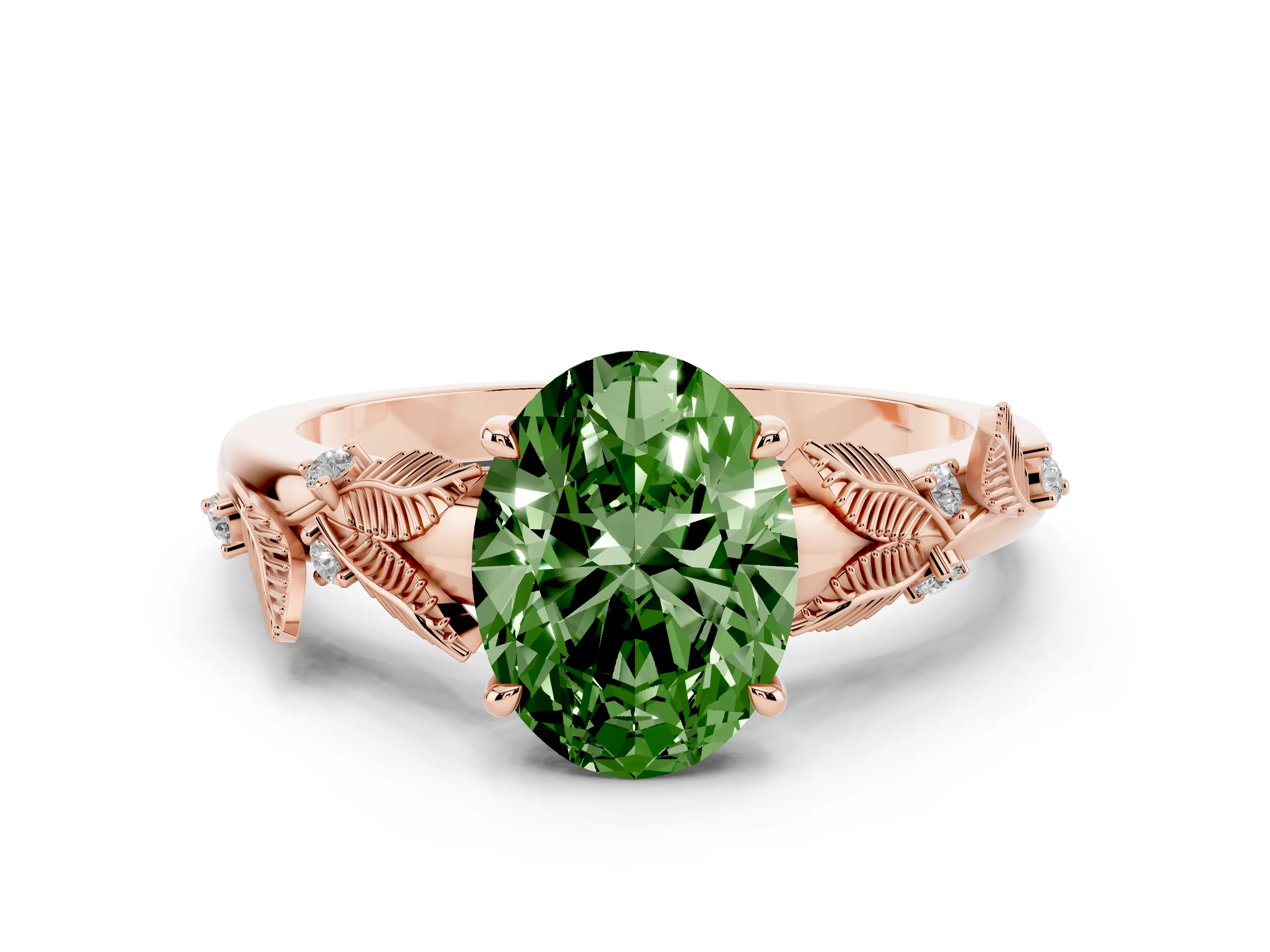 Fancy Green Oval Cut Diamond Solitaire Ring Set in Rose gold with Leaf Motif Band