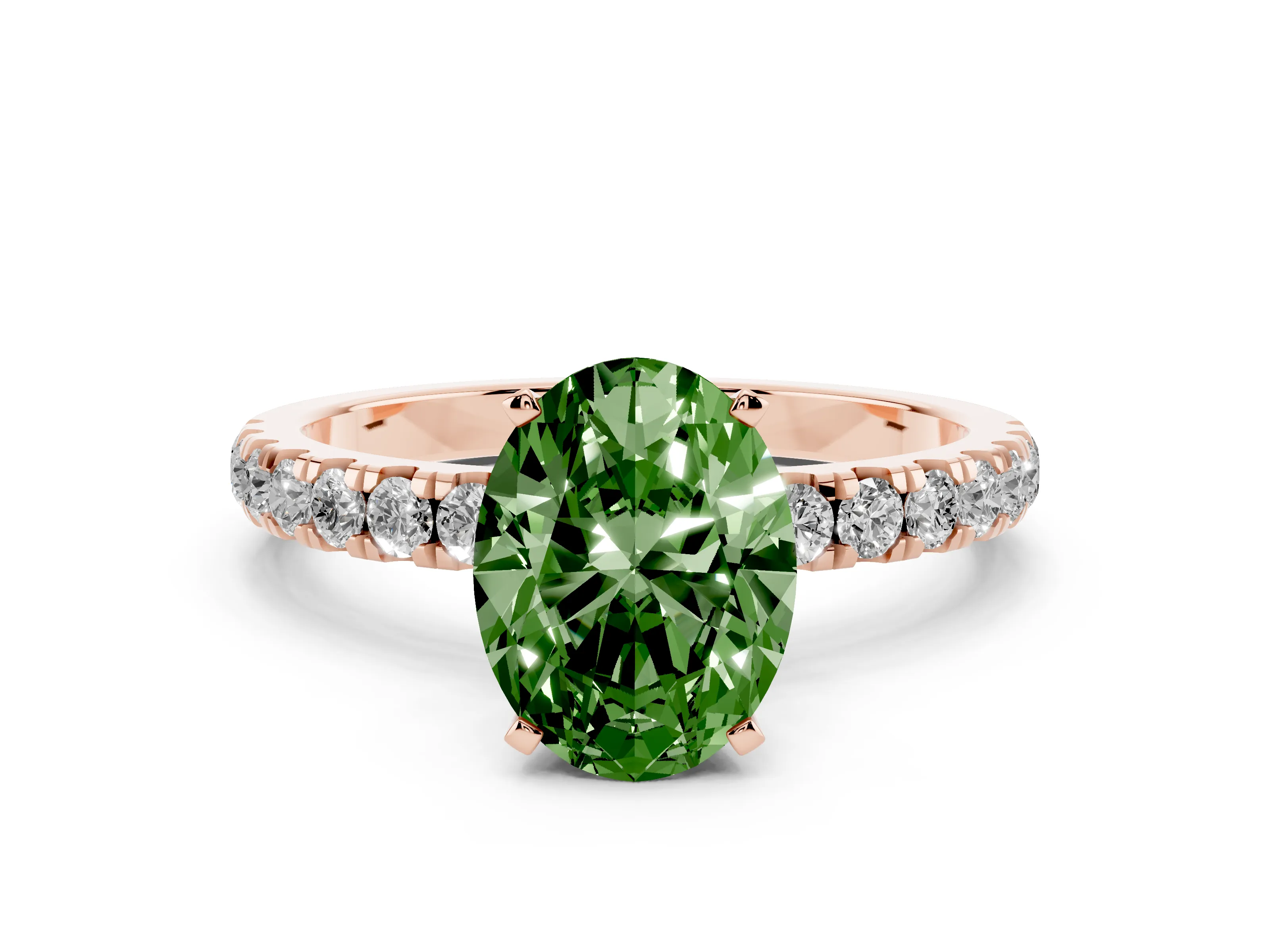 Fancy Green Oval Cut Diamond Solitaire Ring Set in Rose gold with Pavé Accents and Prong Setting