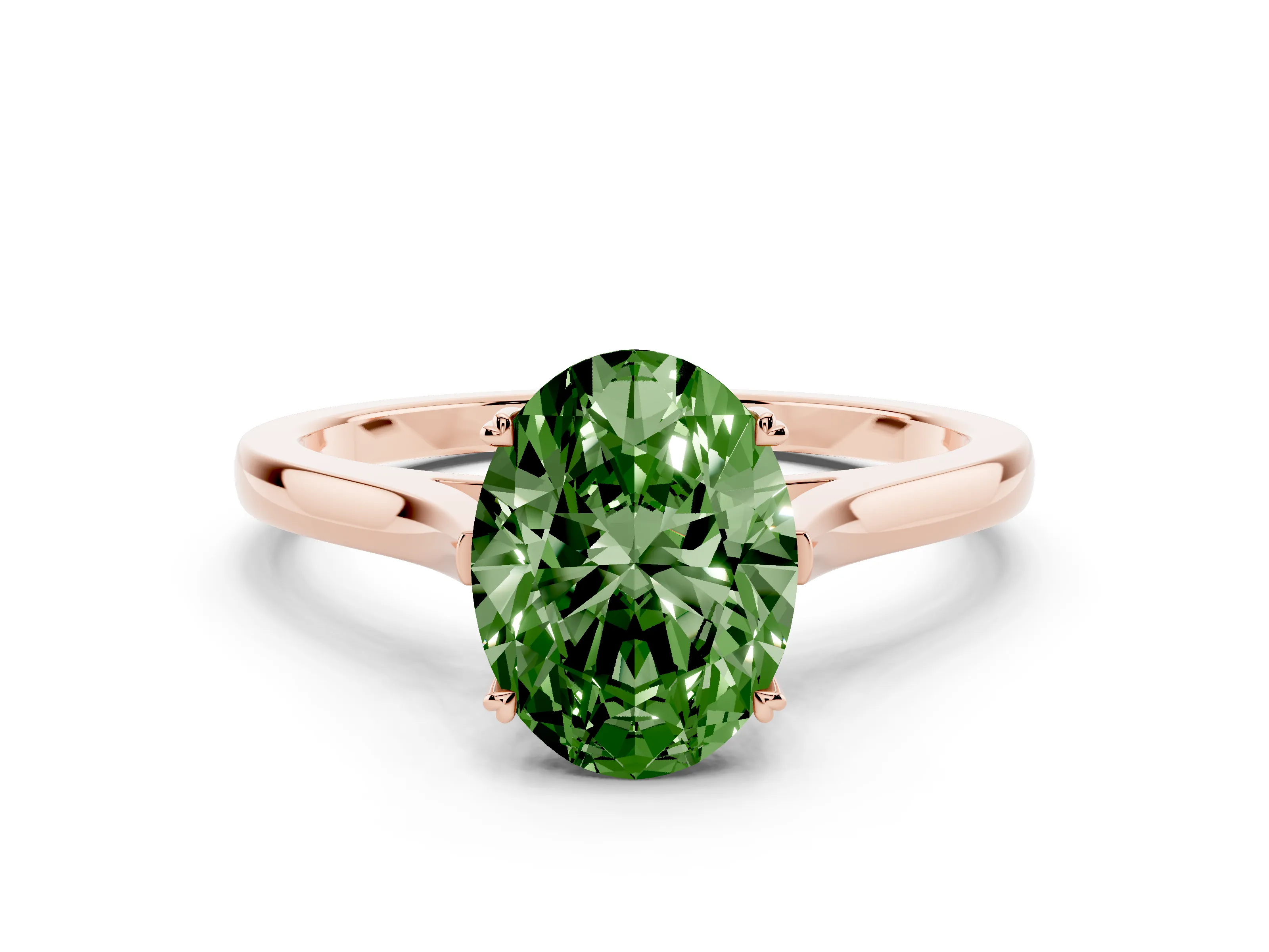 Fancy Green Oval Cut Diamond Solitaire Heart Prong Engagement Ring Set in Rose gold with Tapered Band