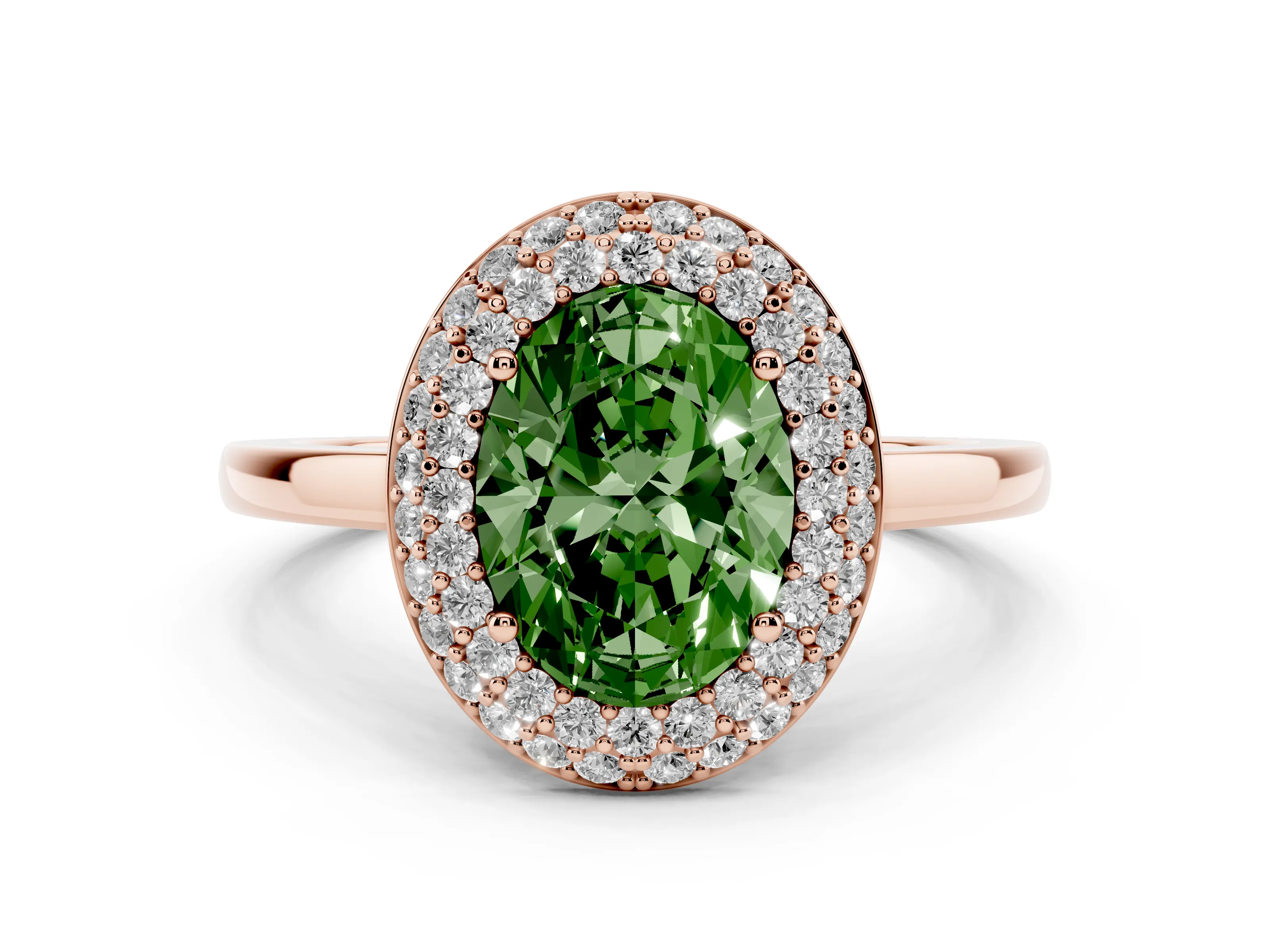 Fancy Green Oval Cut Diamond Halo Engagement Ring Set in Rose gold with Solitaire Band and Prong Setting