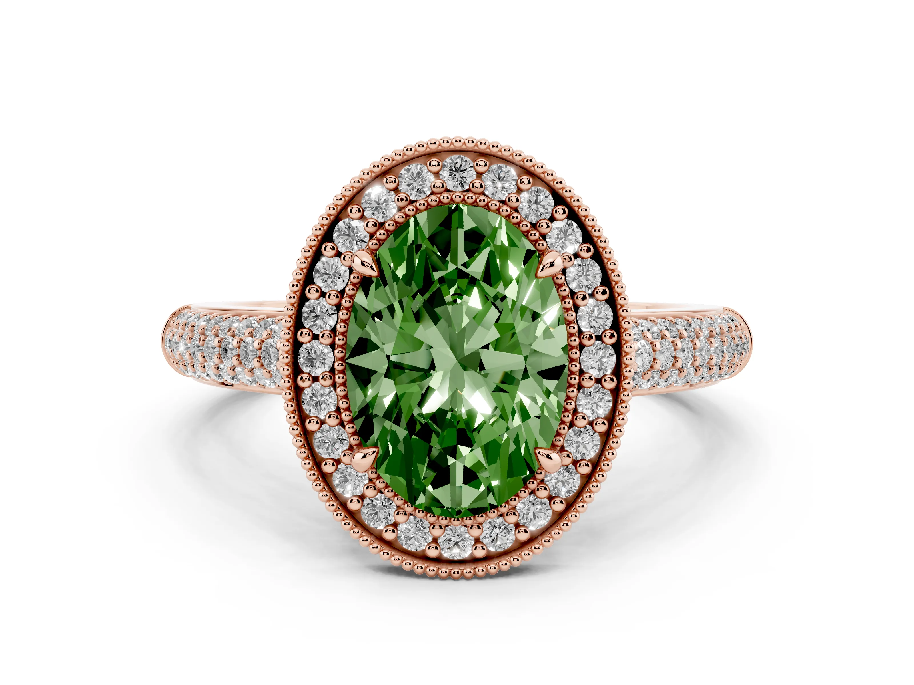 Fancy Green Oval Cut Diamond Halo Pavé Band Set in Rose gold with Prong Setting