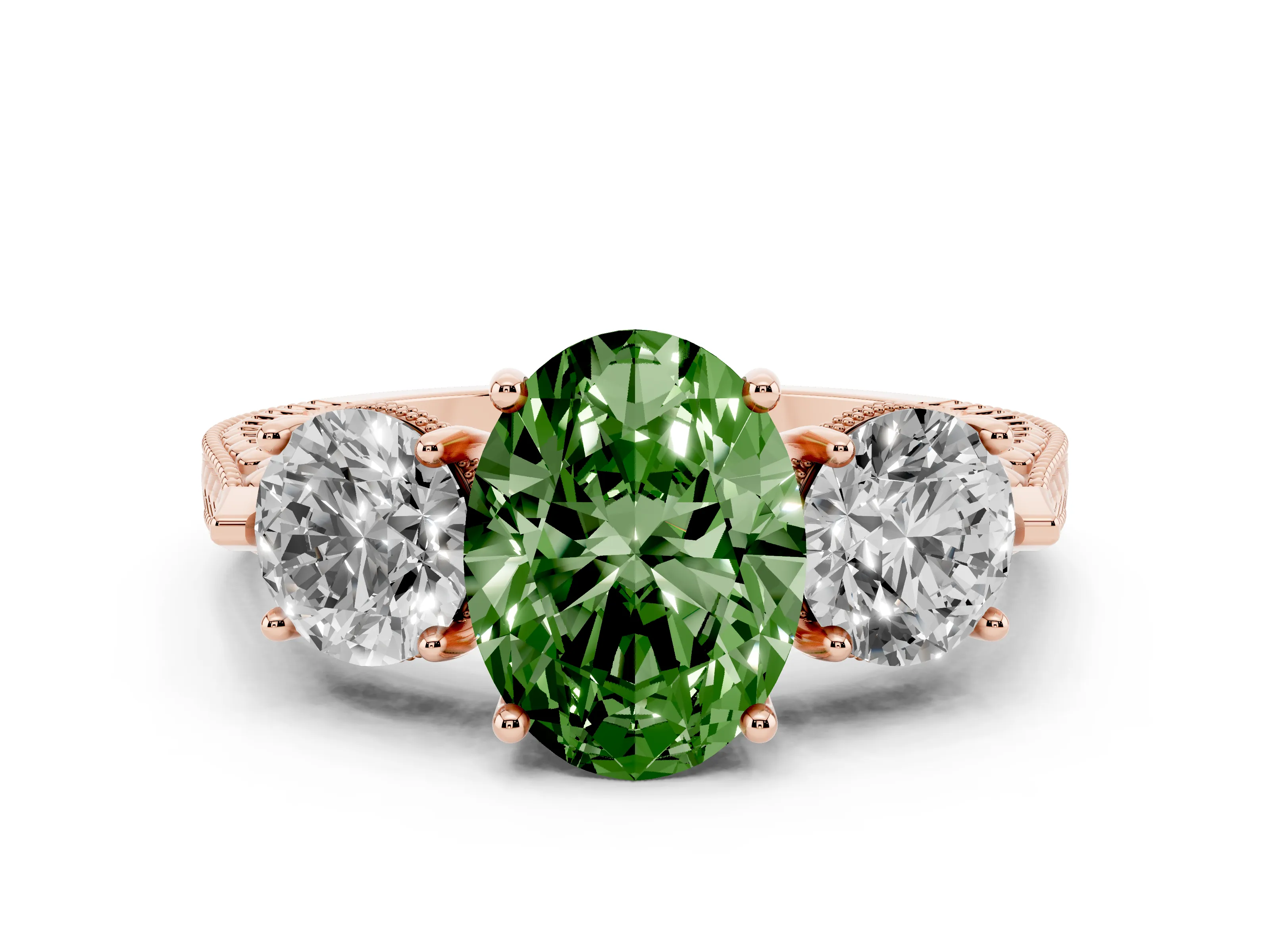 Fancy Green Oval Cut Diamond Three-Stone Ring Set in Rose gold with Milgrain Band