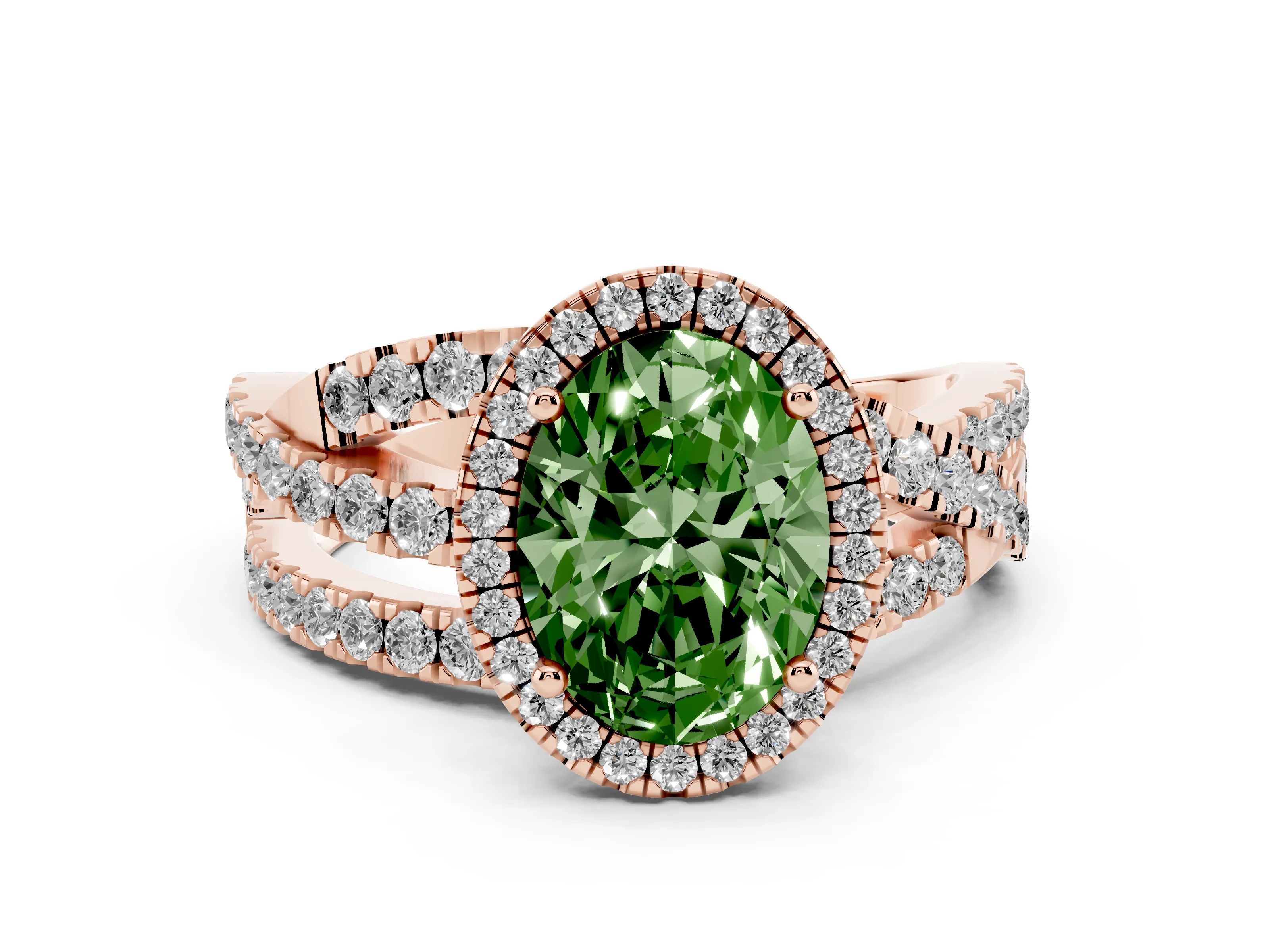 Fancy Green Oval Cut Diamond Halo Ring Set in Rose gold with Round Crossover Split Shank and Prong Setting