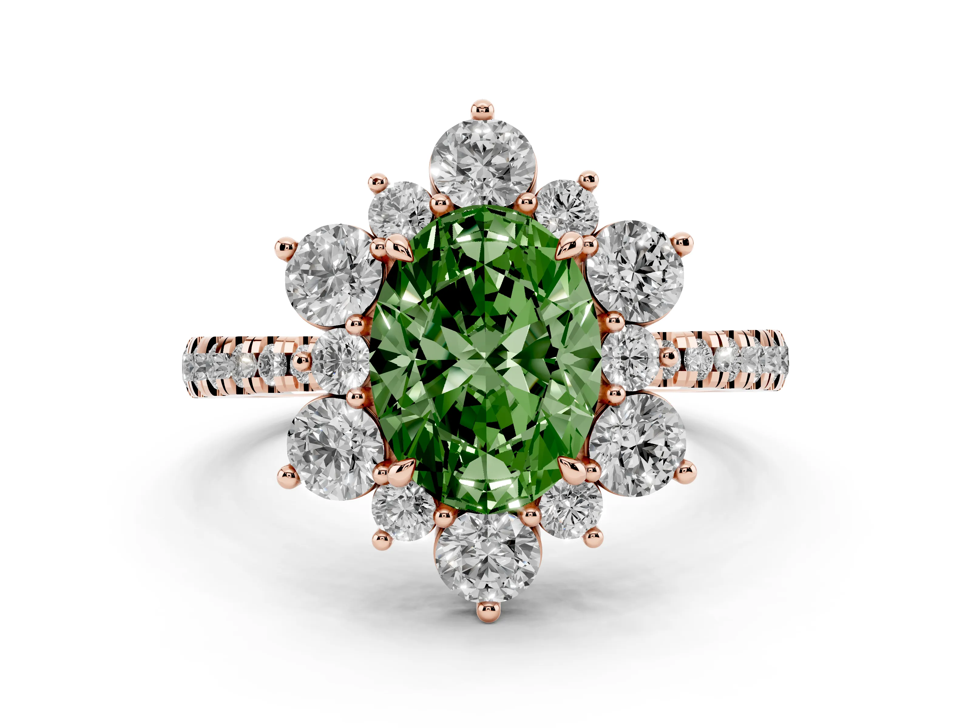 Fancy Green Oval Cut Diamond Floral Halo Ring Set in Rose gold with Round Pavé Band and Prong Setting
