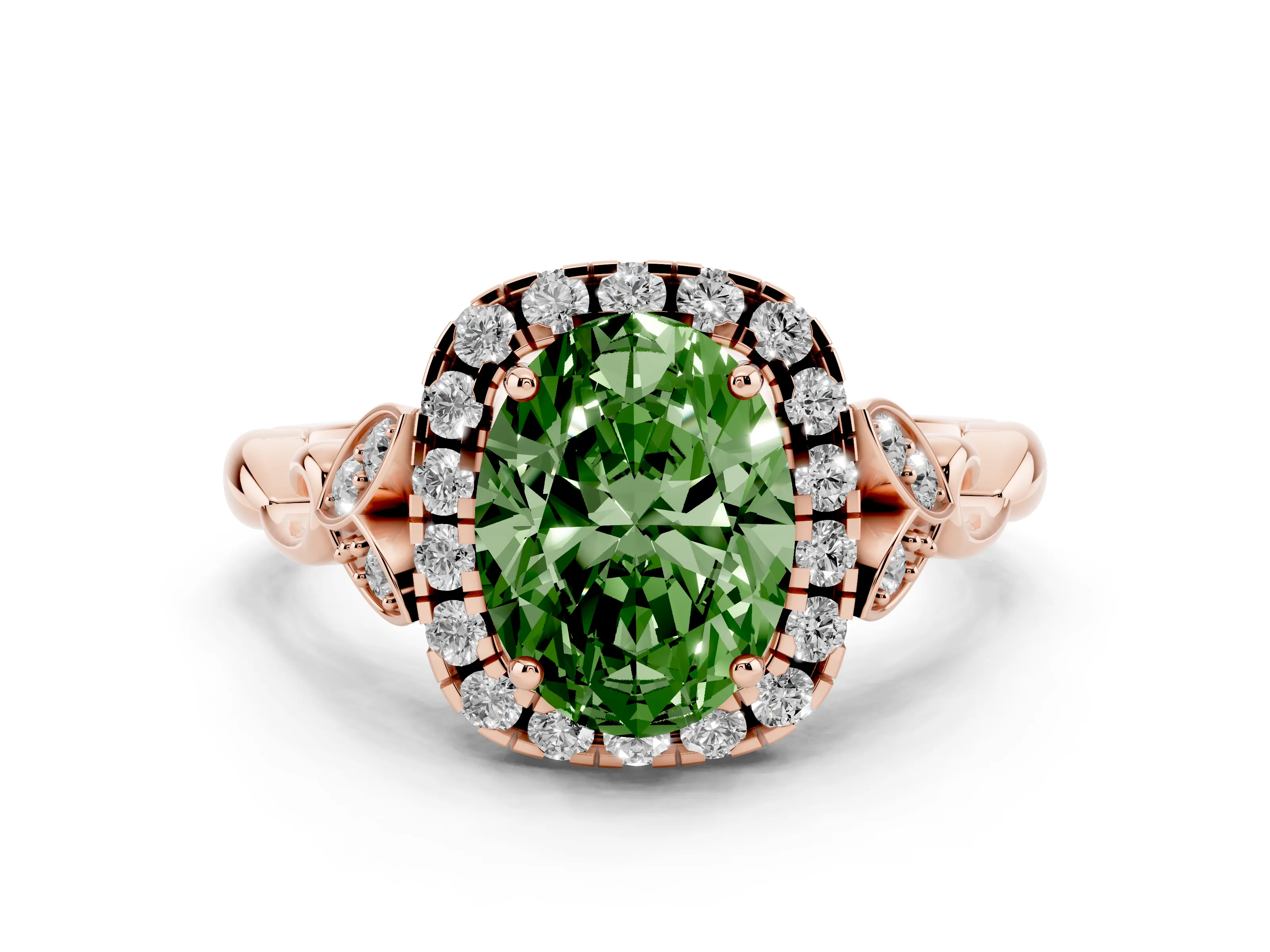 Fancy Green Oval Cut Diamond Halo Engagement Ring Set in Rose gold with Vintage-Inspired Band and Prong Setting