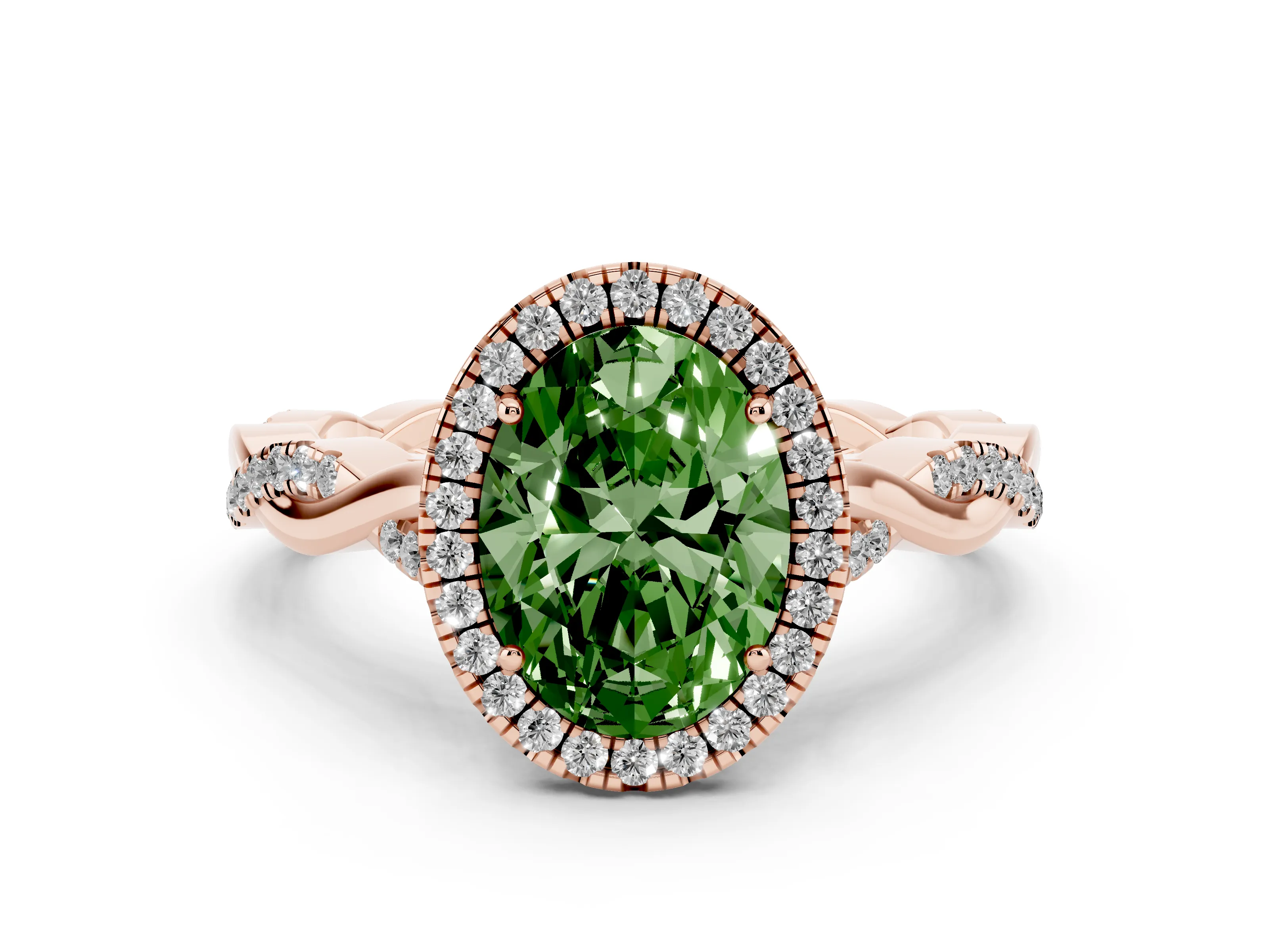 Fancy Green Oval Cut Diamond Halo Twist Band Solitaire Ring Set in Rose gold with Prong Setting